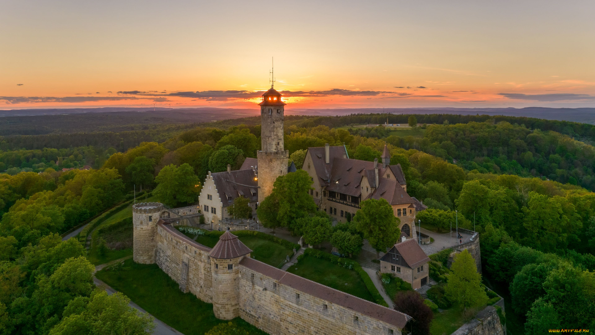 города, -, дворцы, , замки, , крепости, башни, замок, деревья, восход, солнца, cилуэт