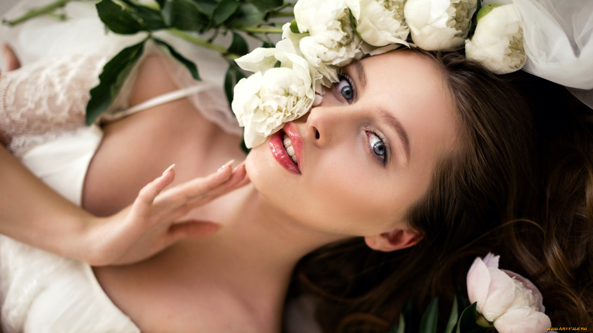 девушки, -, лица, , портреты, шатенка, лицо, цветы