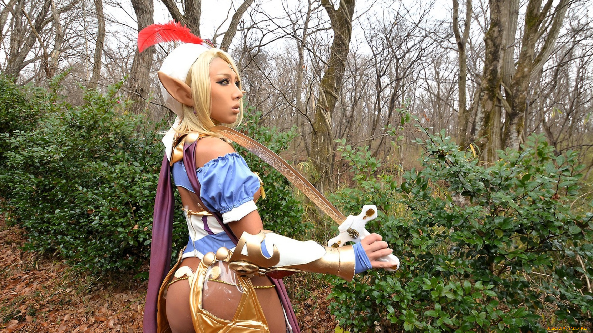девушки, nonsummerjack, образ, косплей, наряд, костюм, перо, уши, меч, лес