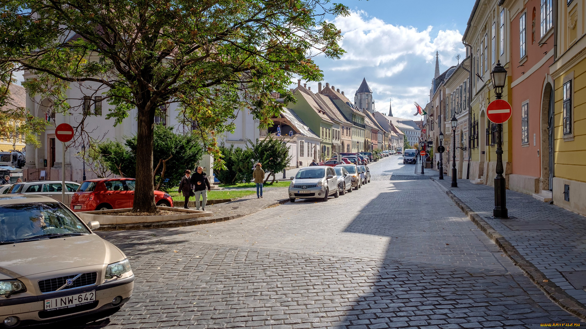 города, будапешт, , венгрия, улица, дома, машины, деревья