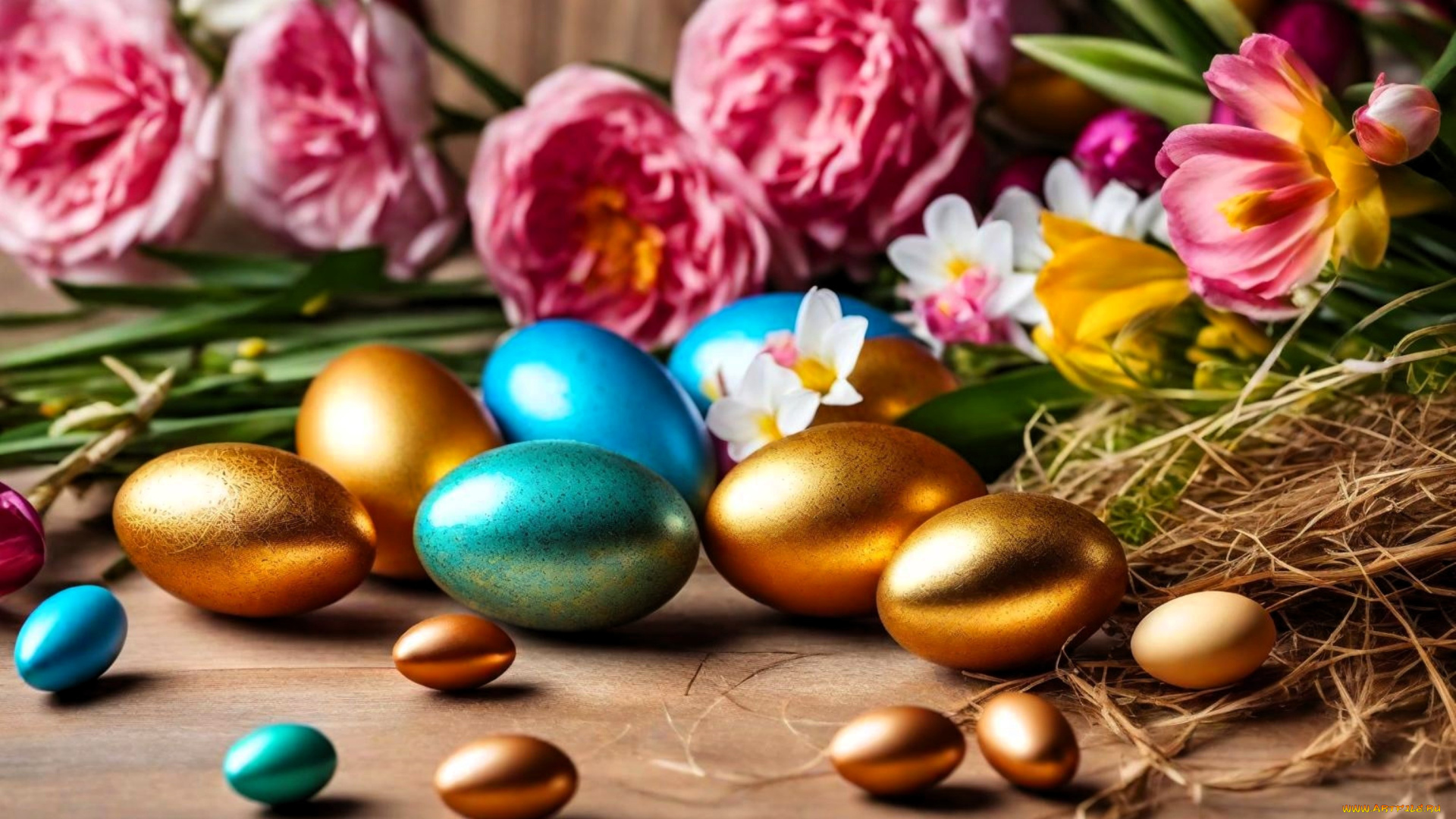 праздничные, пасха, цветы, яйца, солома