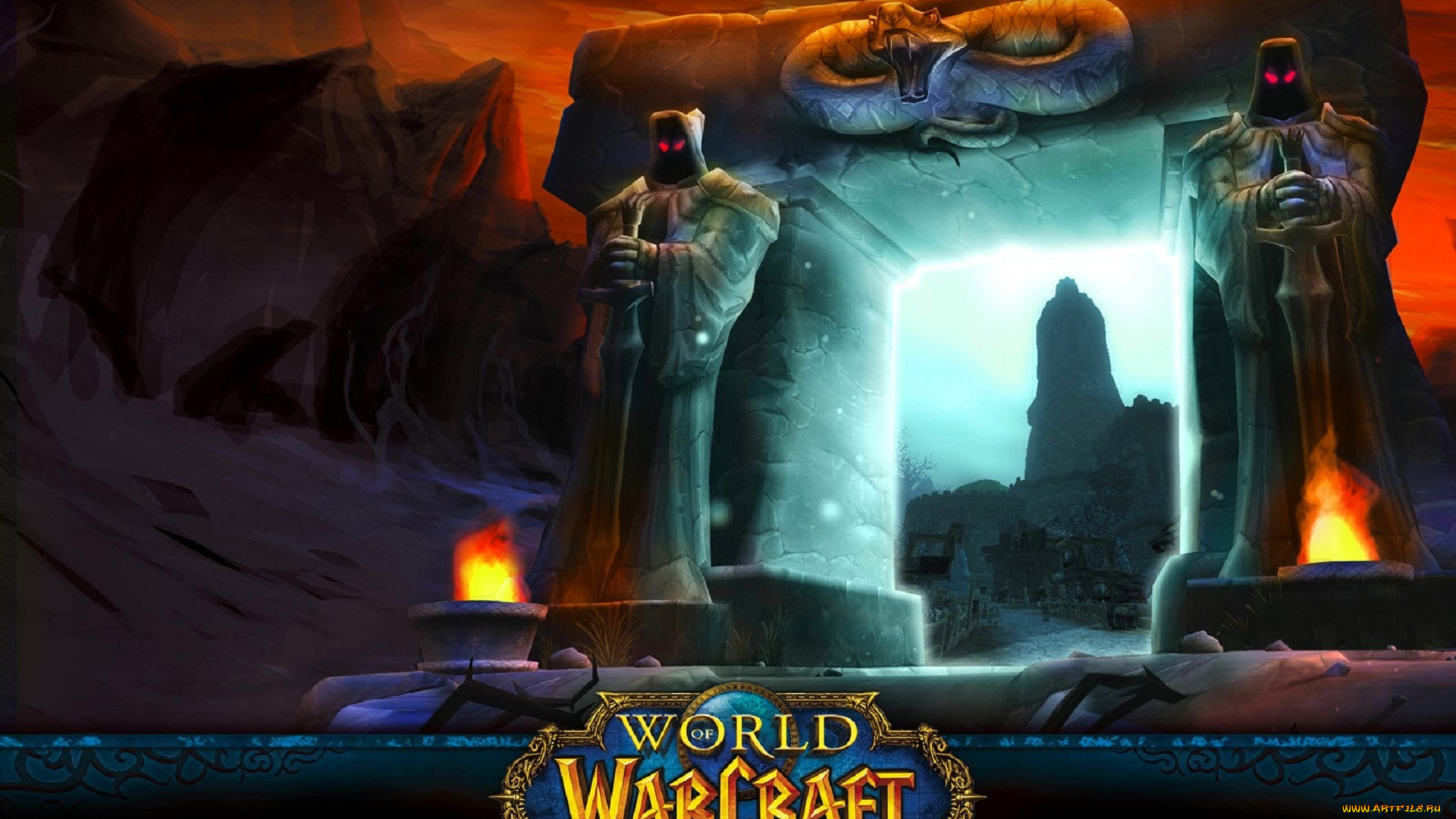 видео, игры, world, of, warcraft, скалы, портал, арка, статуи, змея