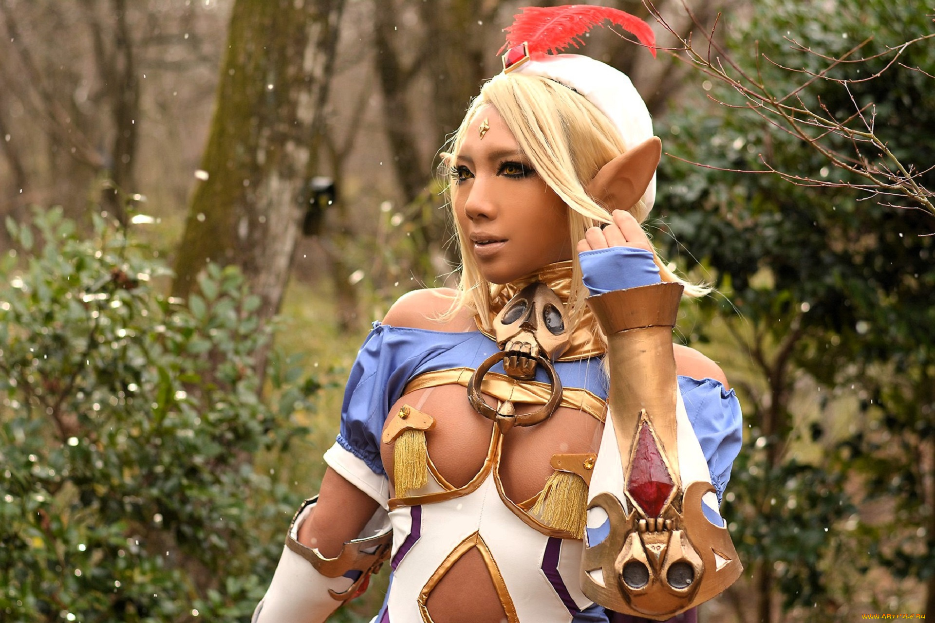 девушки, nonsummerjack, образ, косплей, наряд, костюм, перо, уши, лес