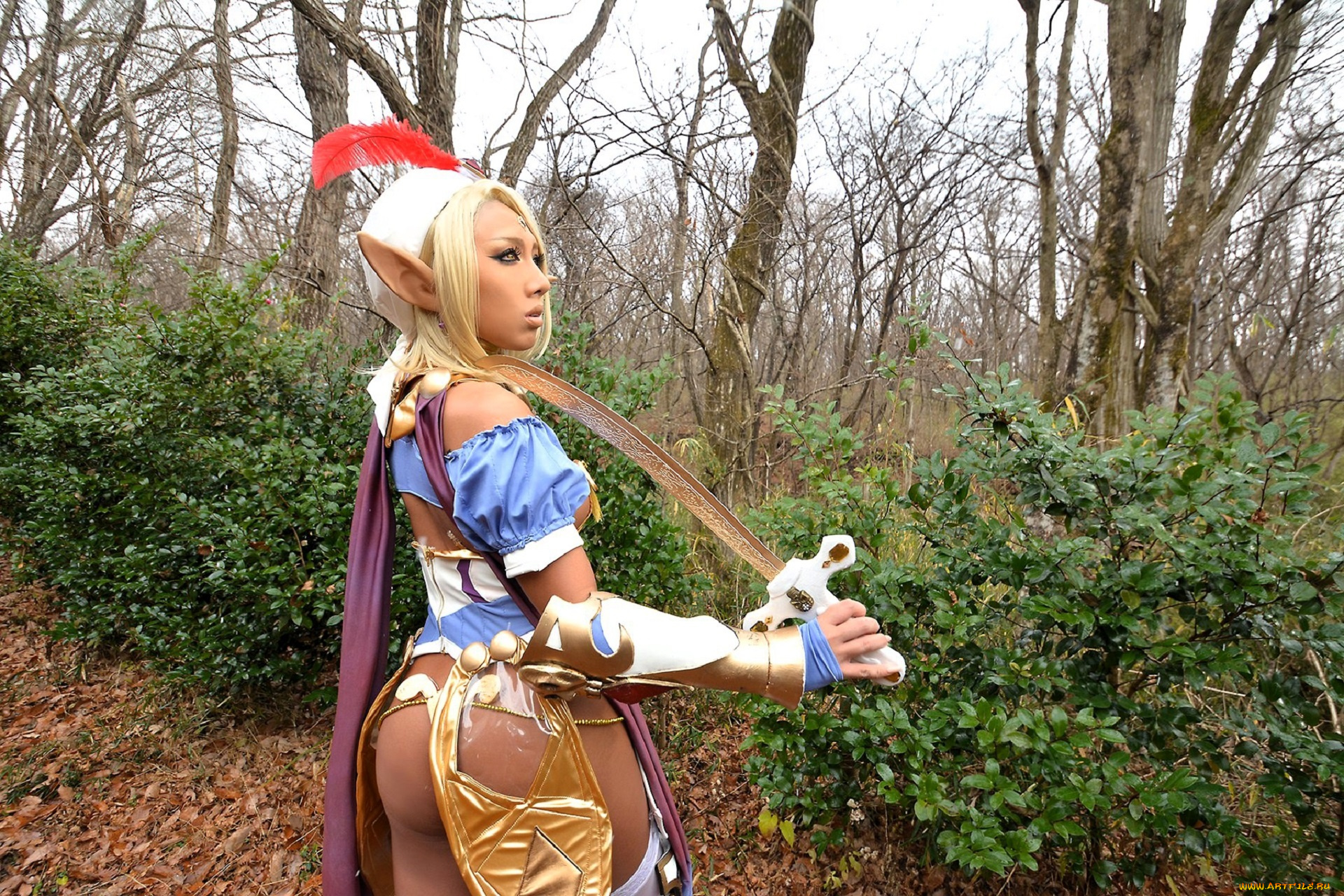 девушки, nonsummerjack, образ, косплей, наряд, костюм, перо, уши, меч, лес