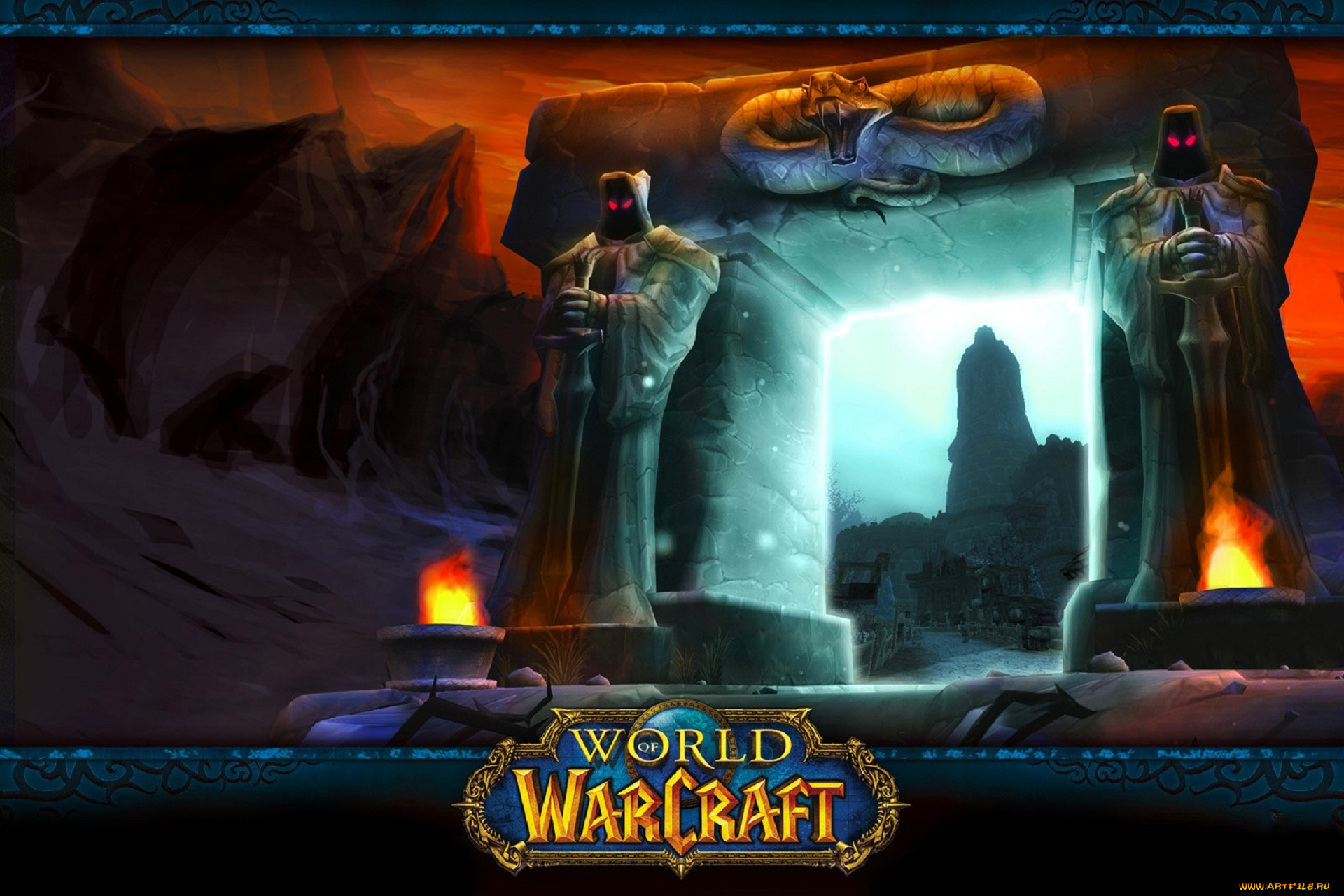 видео, игры, world, of, warcraft, скалы, портал, арка, статуи, змея