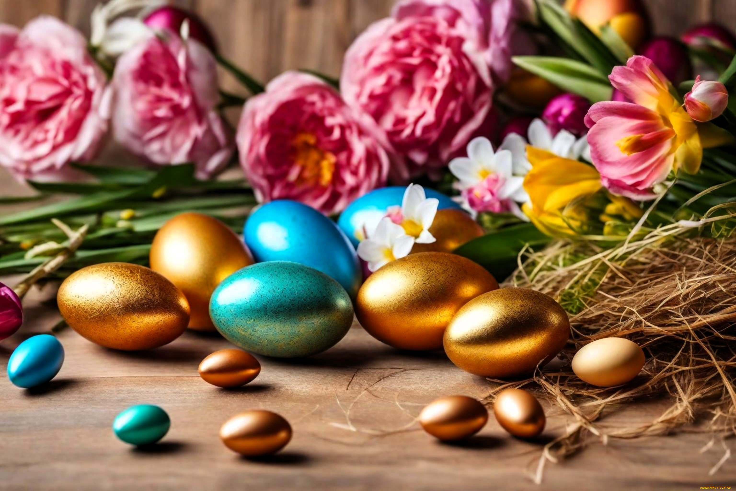 праздничные, пасха, цветы, яйца, солома