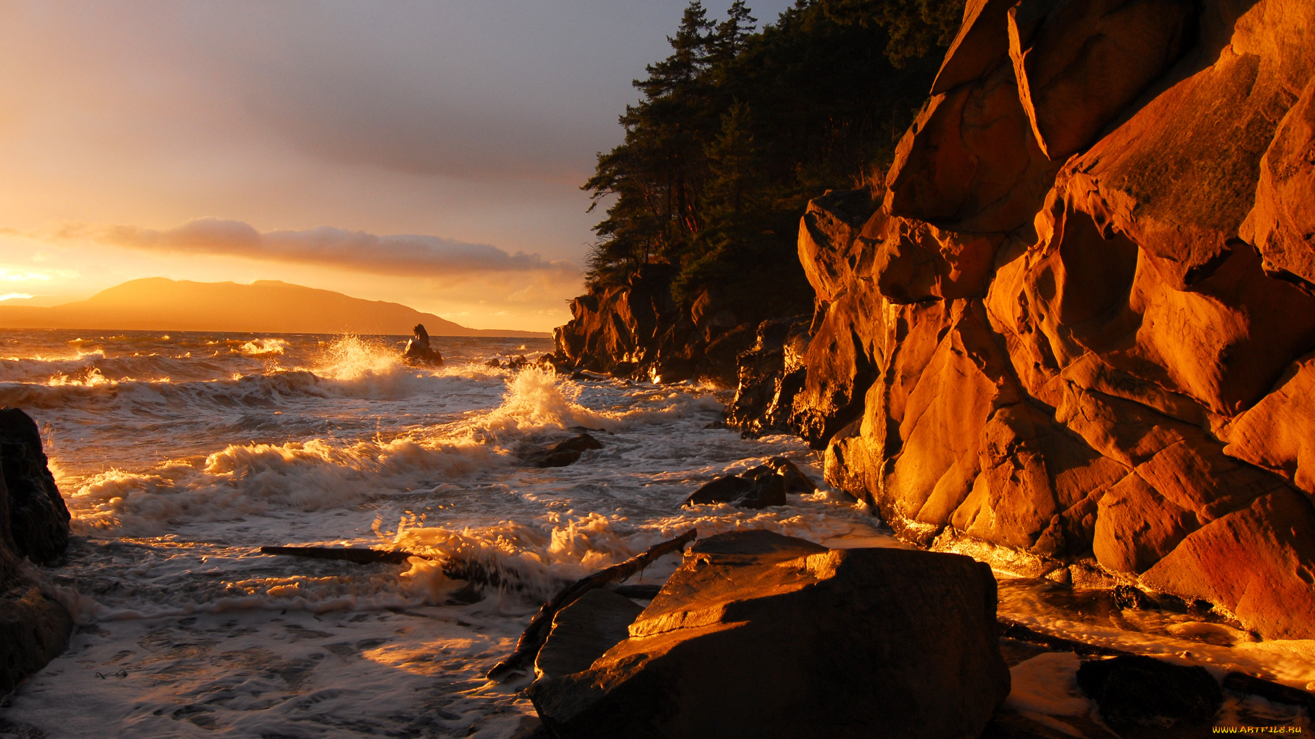 природа, побережье, берег, скальный, закат, шторм