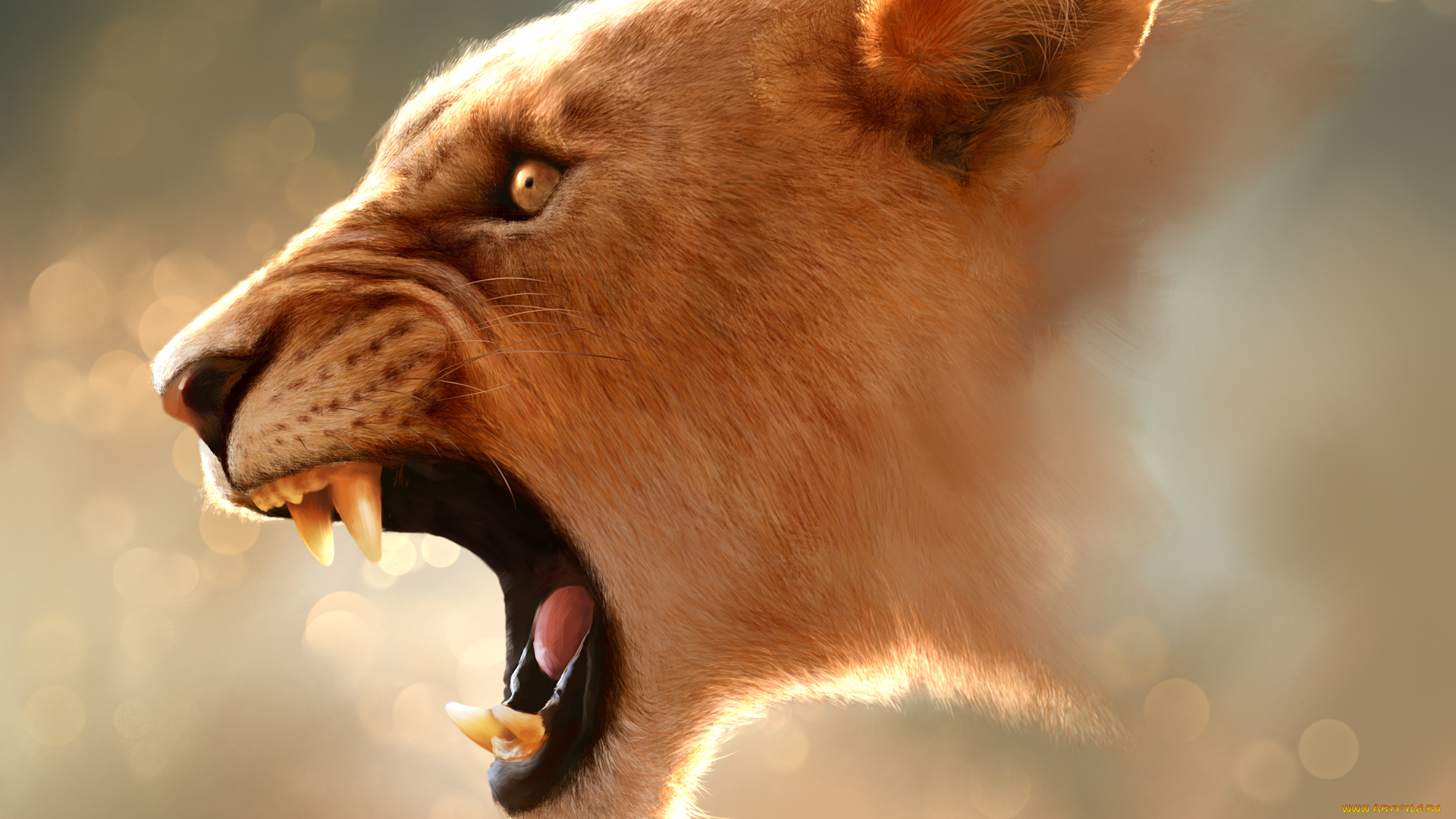 рисованные, животные, львы, львица, пасть, арт