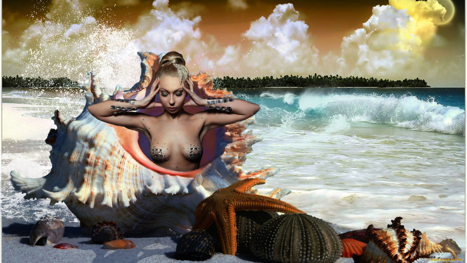 фэнтези, девушки, море, раковина, девушка