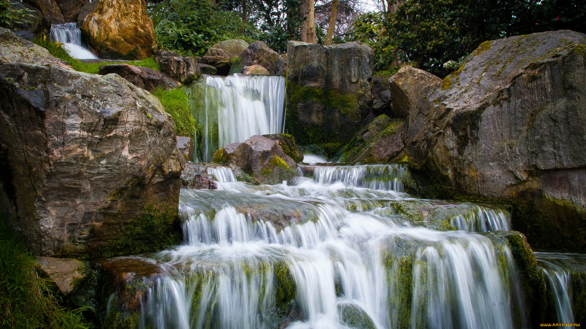 природа, водопады, водопад, камни, мох, пейзаж