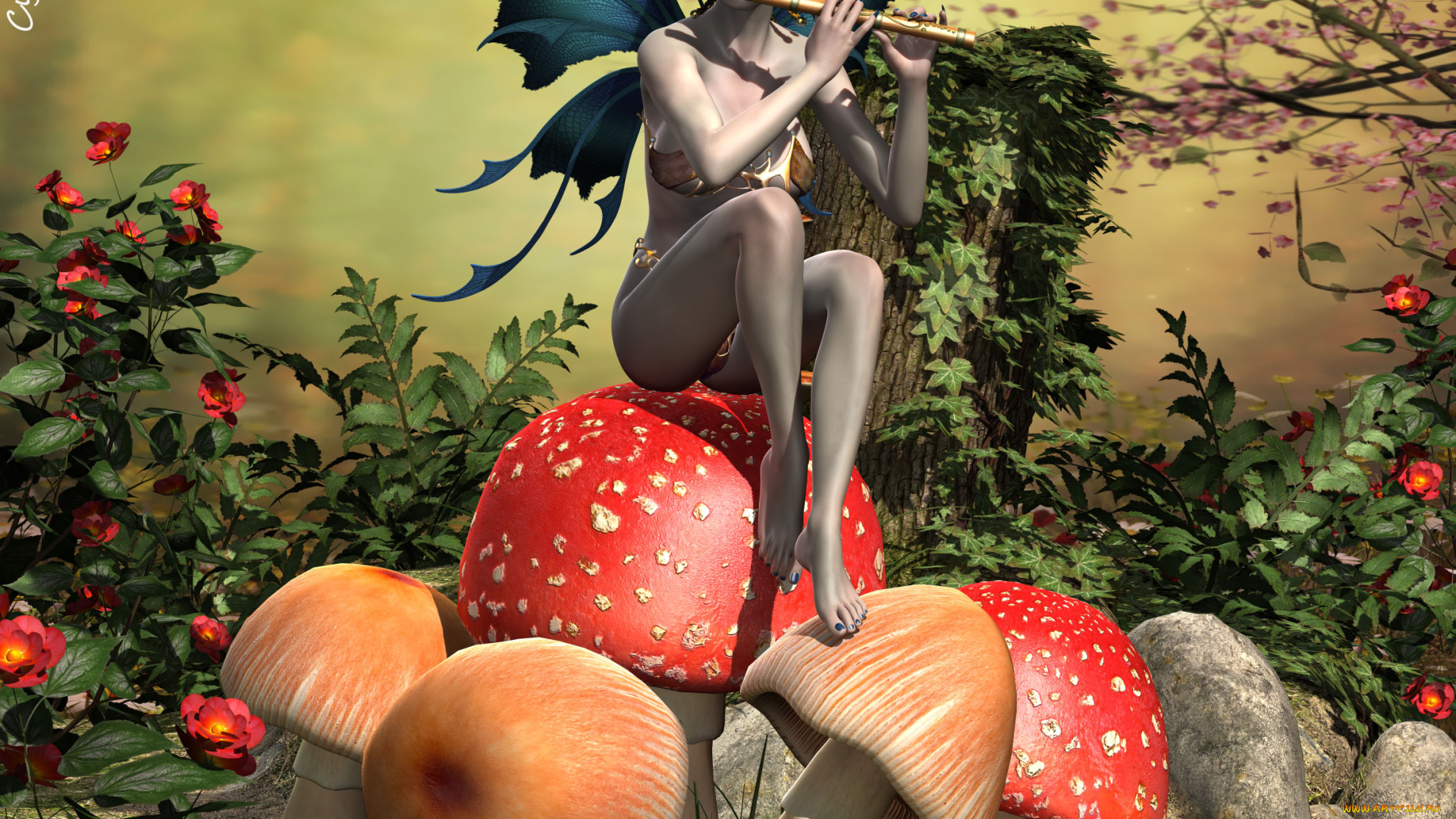 3д, графика, elves, , эльфы, цветы, лес, эльфийка, крылья, грибы