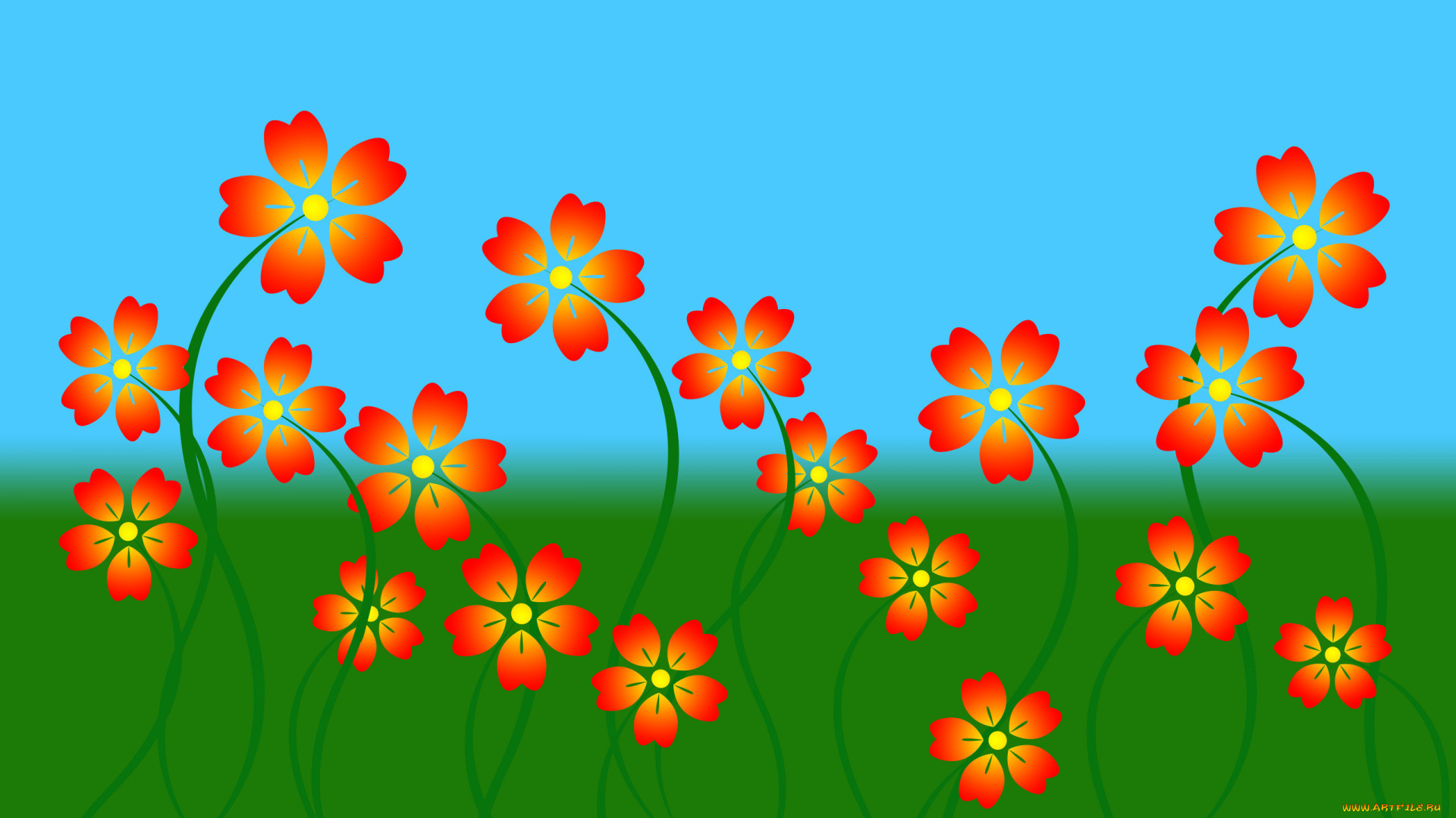 рисованные, цветы, лепестки, небо, трава