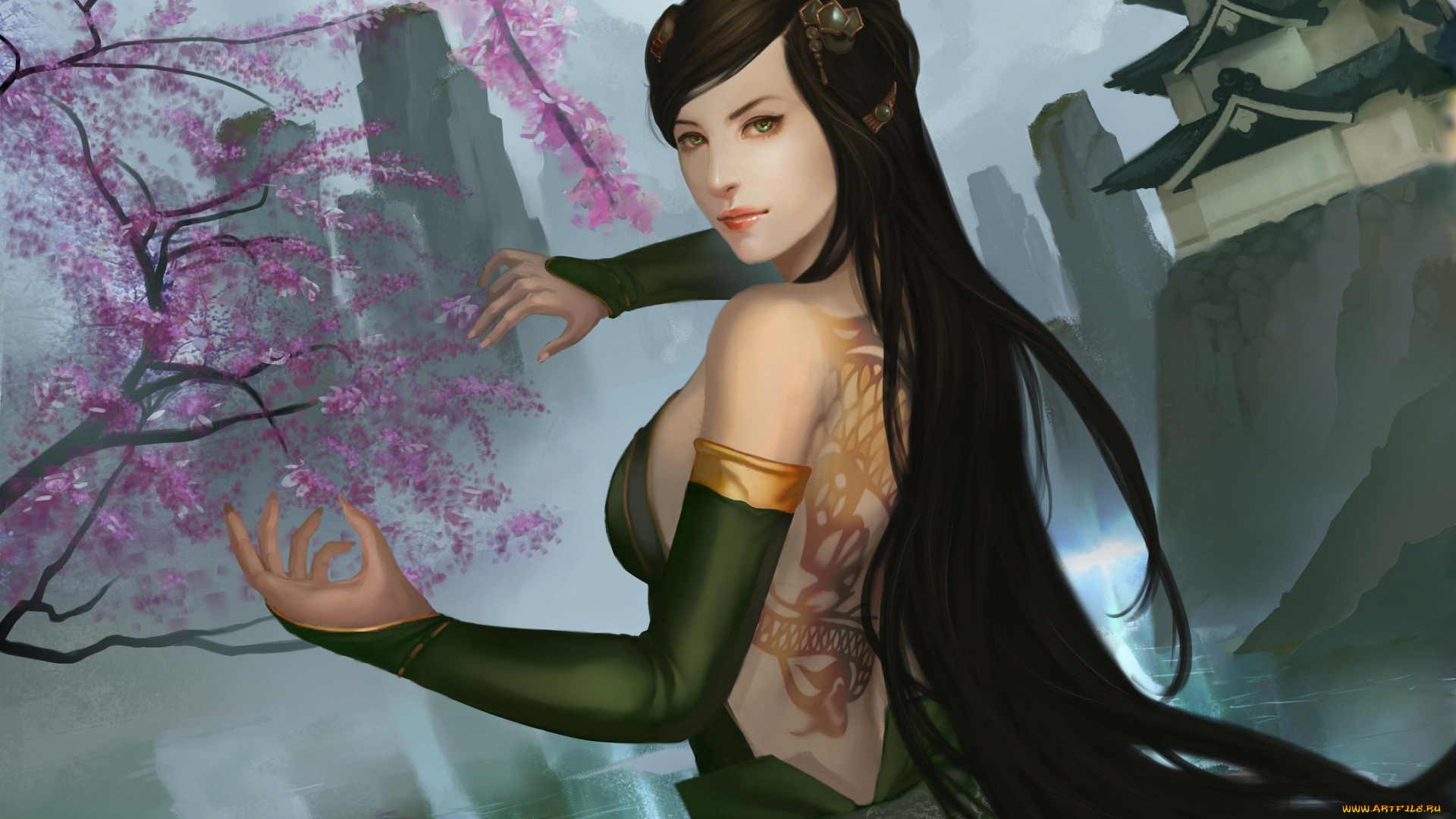 фэнтези, девушки, дерево, ветер, волосы, дом, арт, япония, девушка