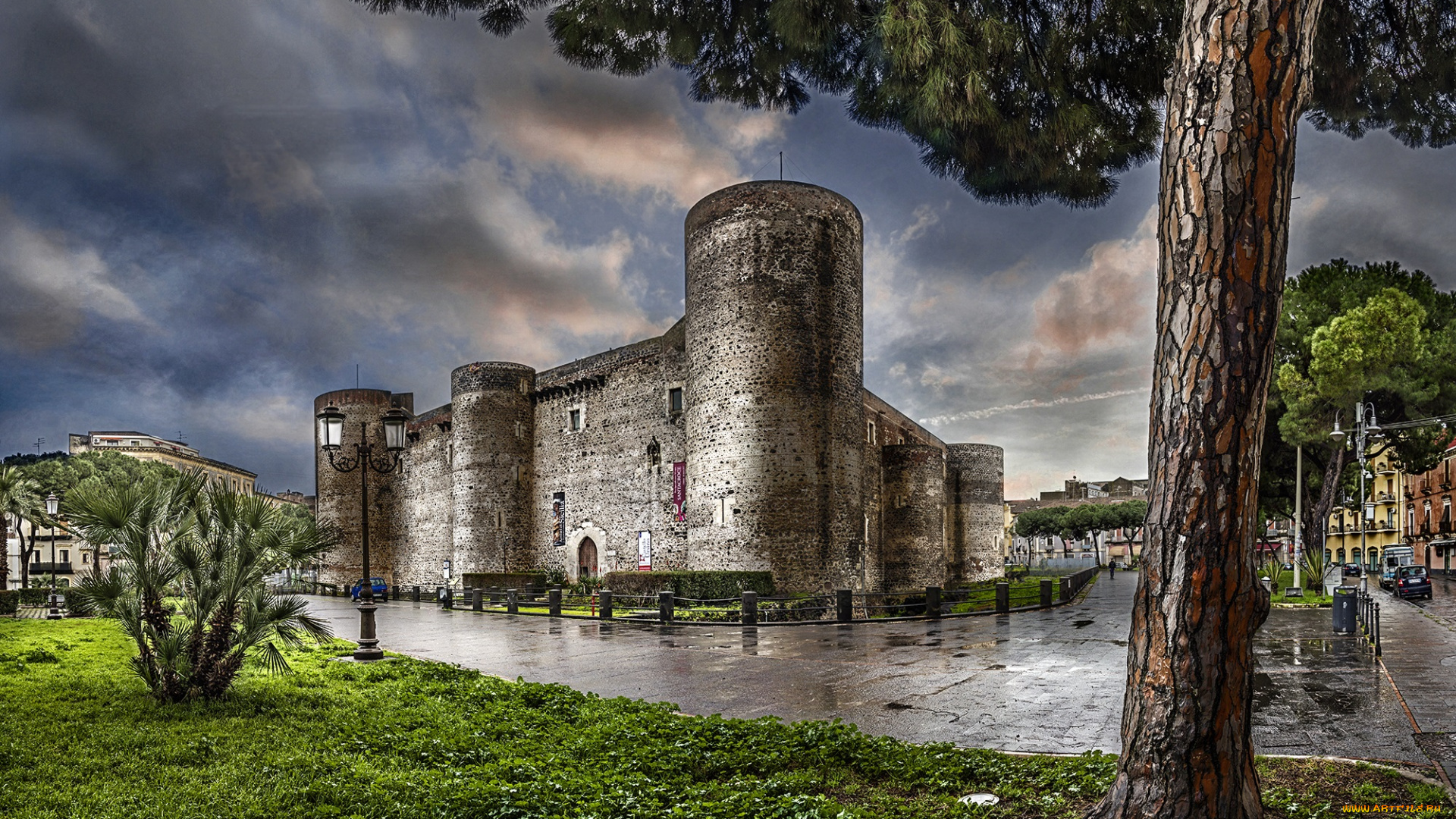 города, -, католические, соборы, , костелы, , аббатства, castello, ursino, фонари, сицилия, италия, дерево, стены, обработка, замок, sicilia