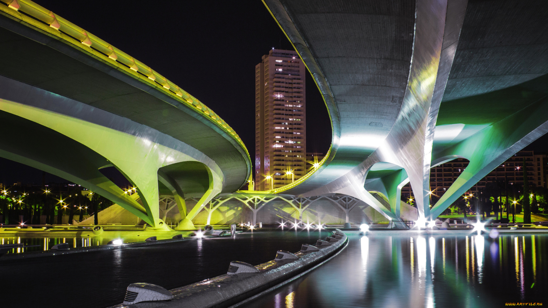 города, -, мосты, дома, ночь, огни, вода, мост, путепровод