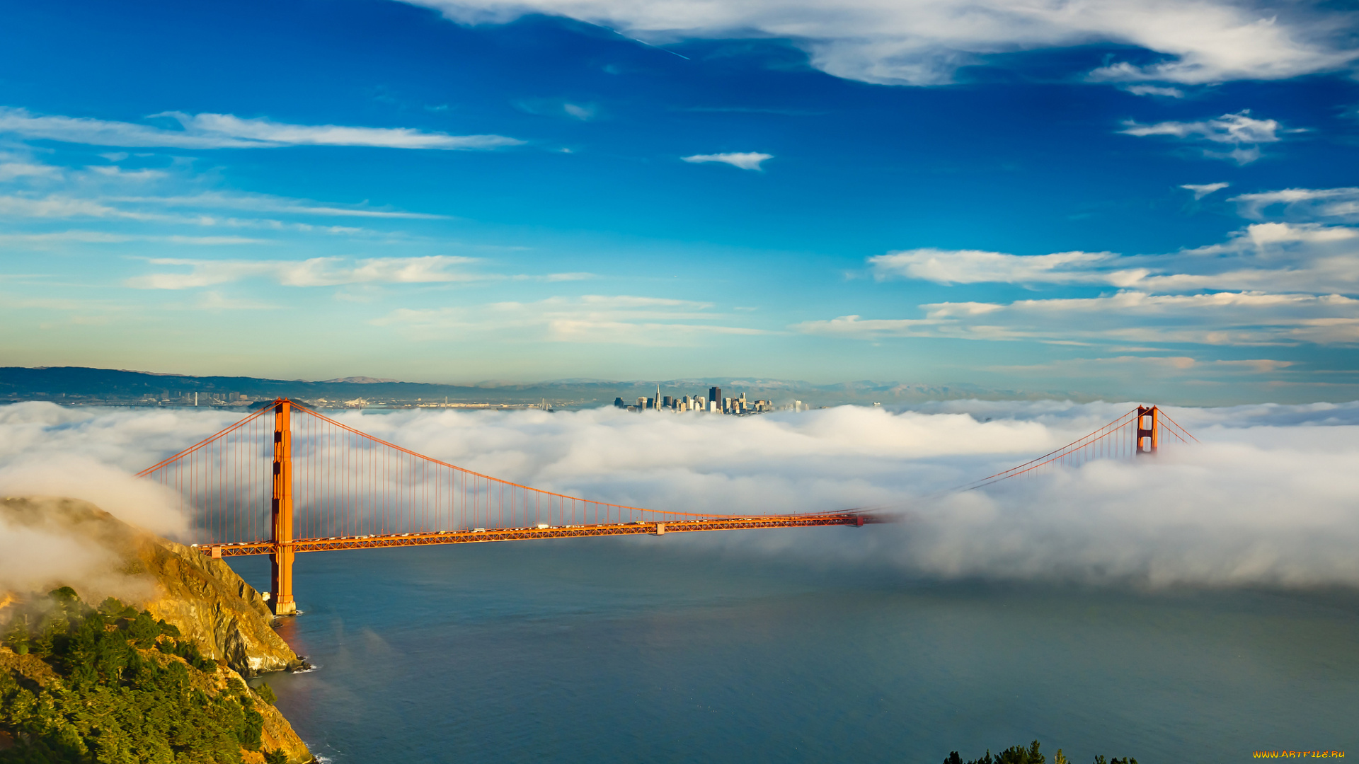 города, -, мосты, город, туман, небо, мост, сан-франциско, облака, залив, золотые, ворота