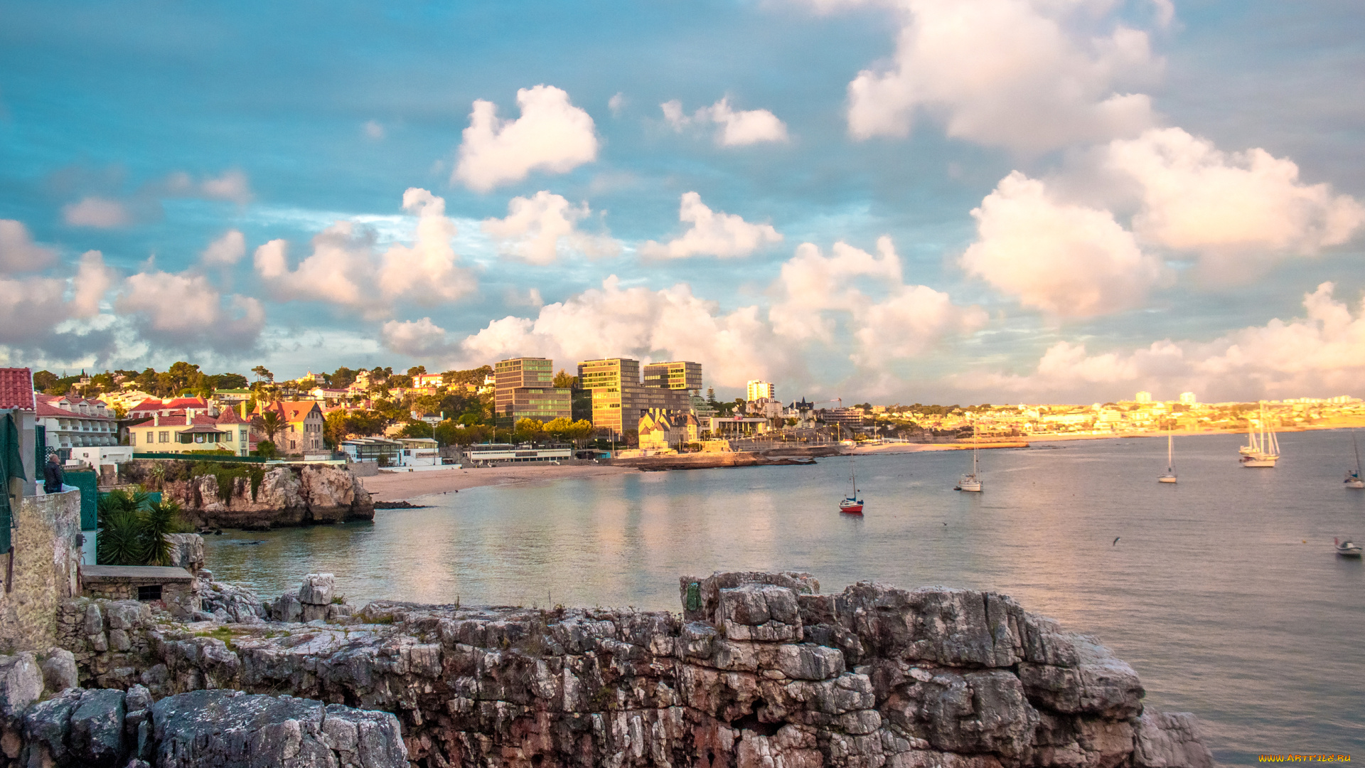 города, -, пейзажи, дома, камни, яхты, побережье, cascais, море, португалия