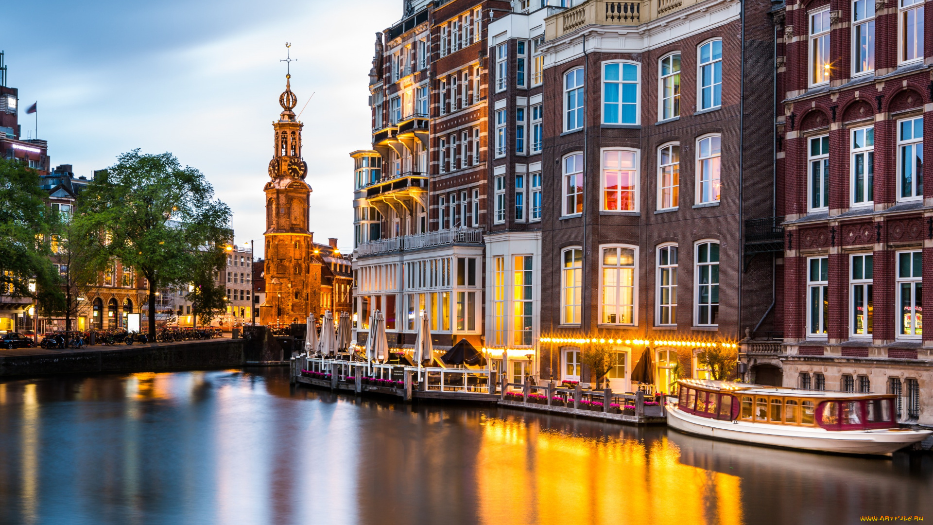 города, -, улицы, , площади, , набережные, теплоход, здания, набережная, канал, монетная, башня, нидерланды, амстердам, amsterdam, munt, tower, netherlands