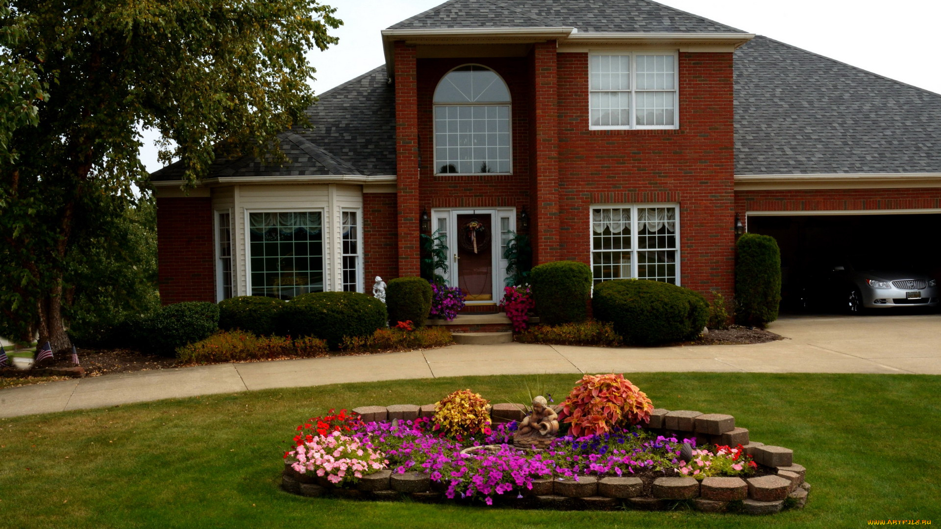 города, -, здания, , дома, гараж, клумба