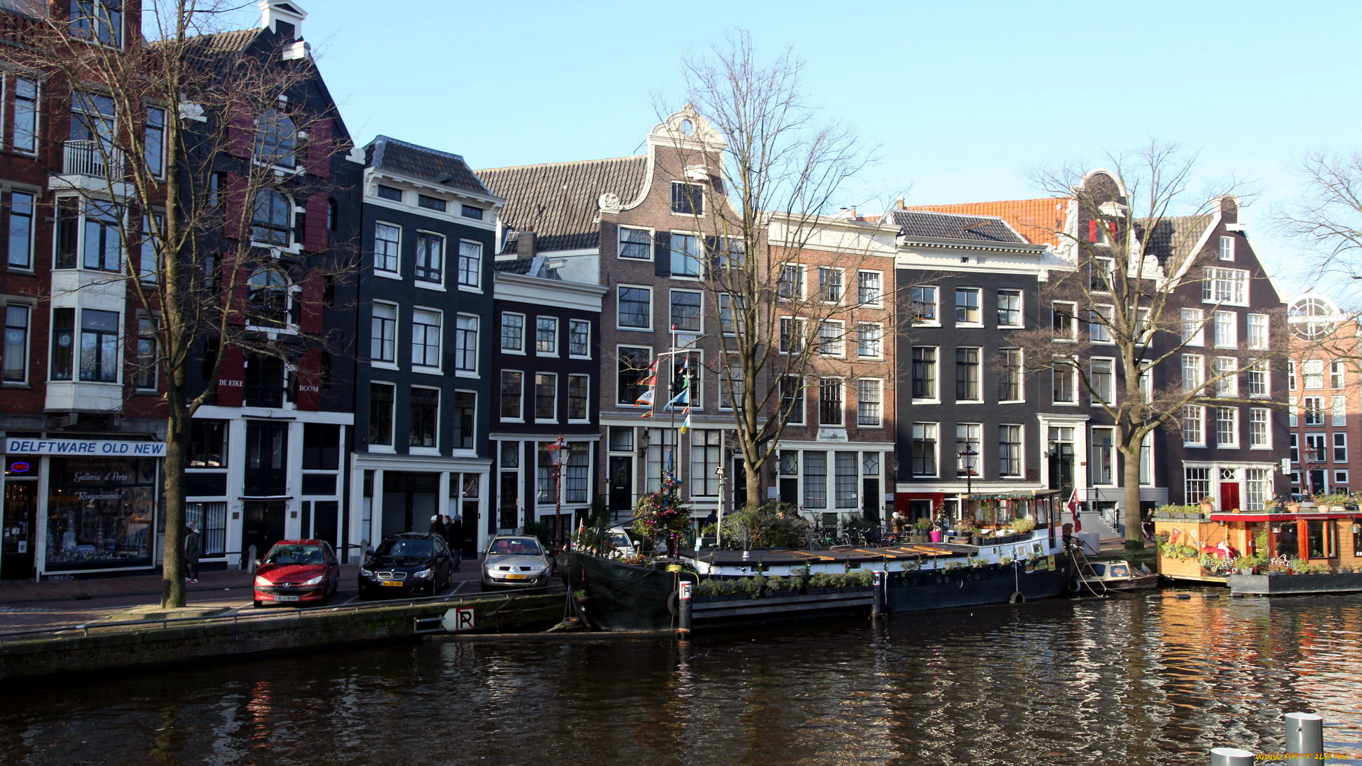 города, амстердам, , нидерланды, канал, баржа