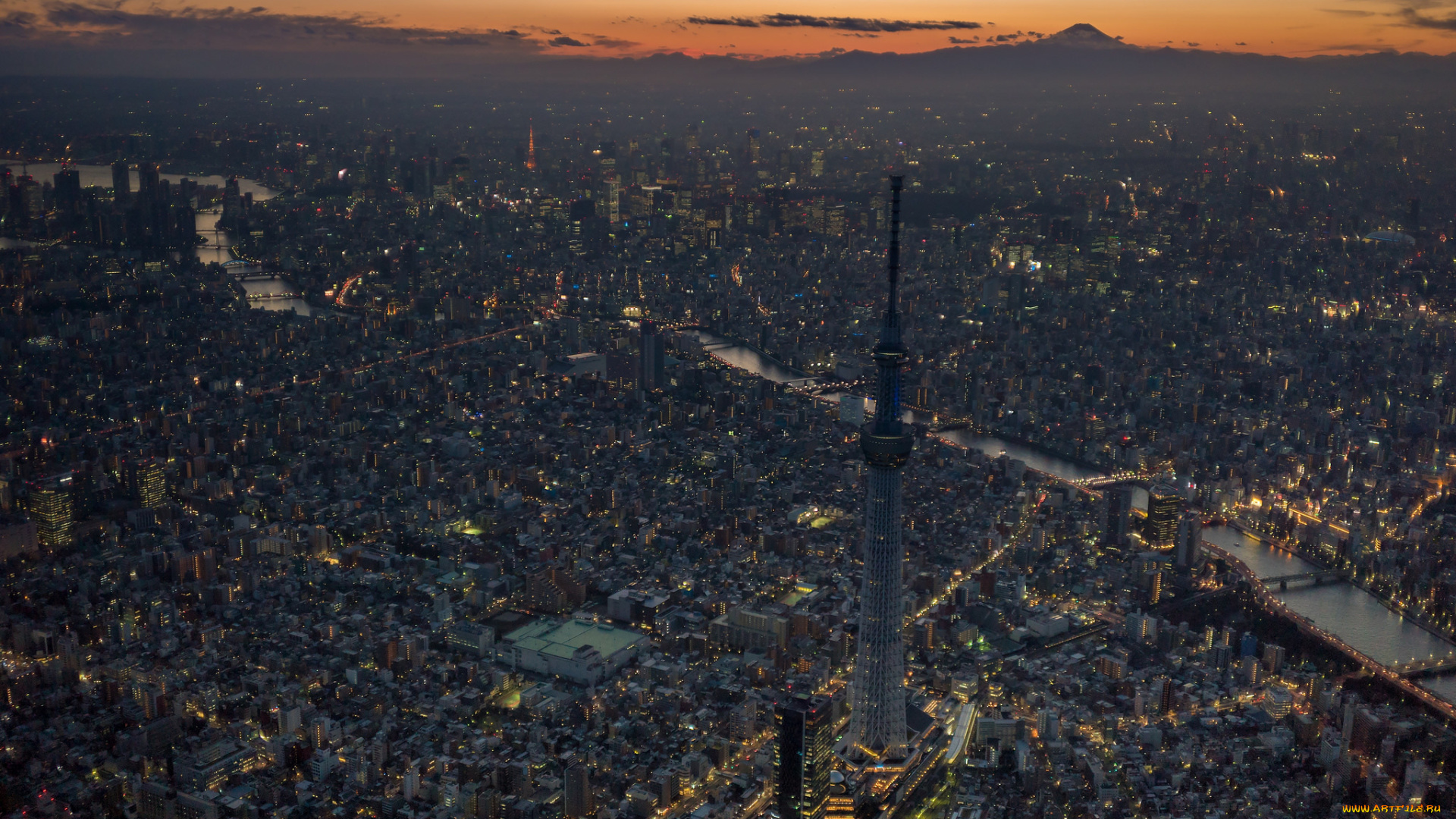 города, токио, , Япония, tokyo, tower, and, mount, sumida, river, skytree, ночь, город