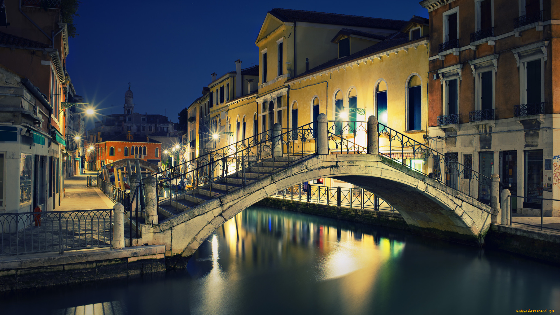 города, венеция, , италия, мостик, огни, канал, ночь