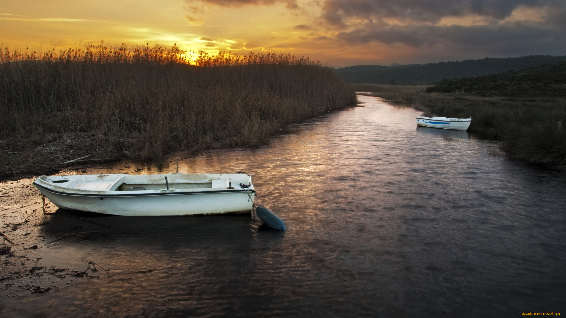 корабли, лодки, , шлюпки, закат, река, камыш