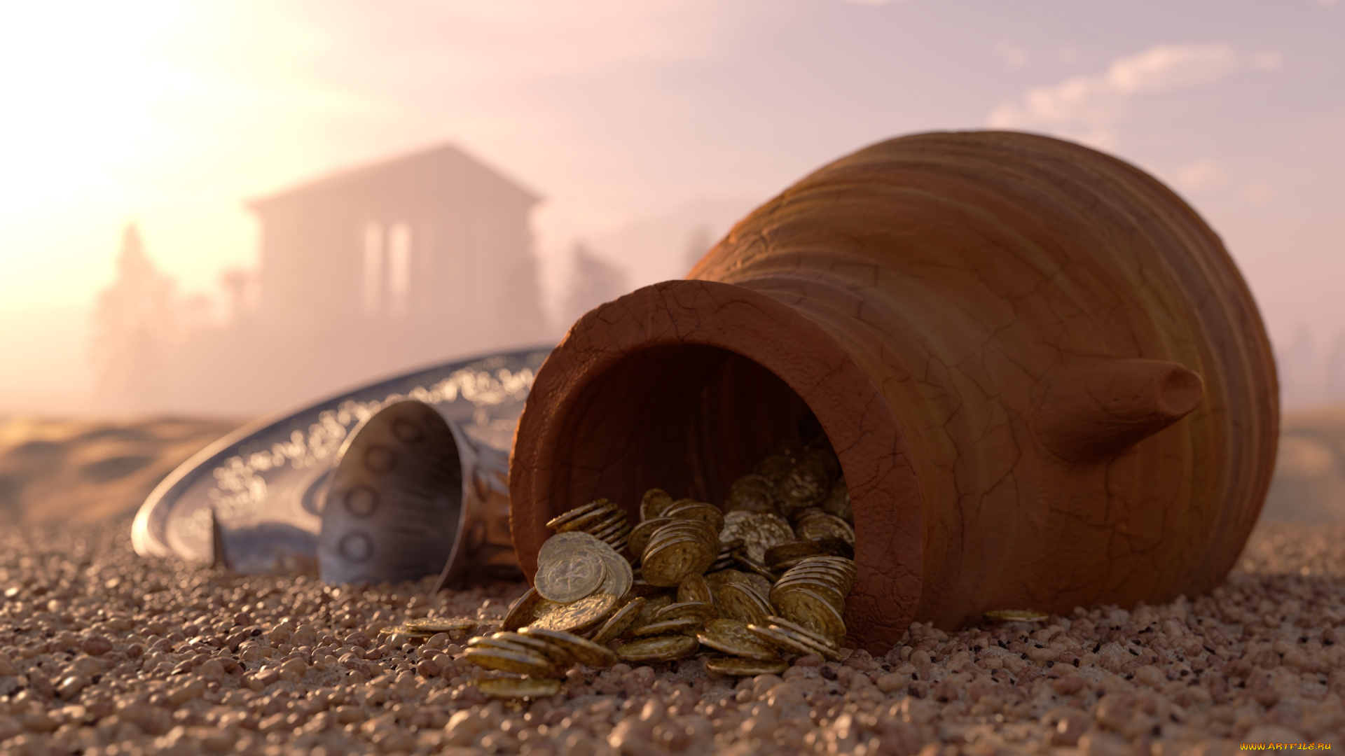 разное, золото, , купюры, , монеты, золотые, россыпью, песок, галька, кувшин, туманом, ancient, city, глиняный, поднос, чаша, серебренный, деньги, coins, монеты, серебряные, скрытый
