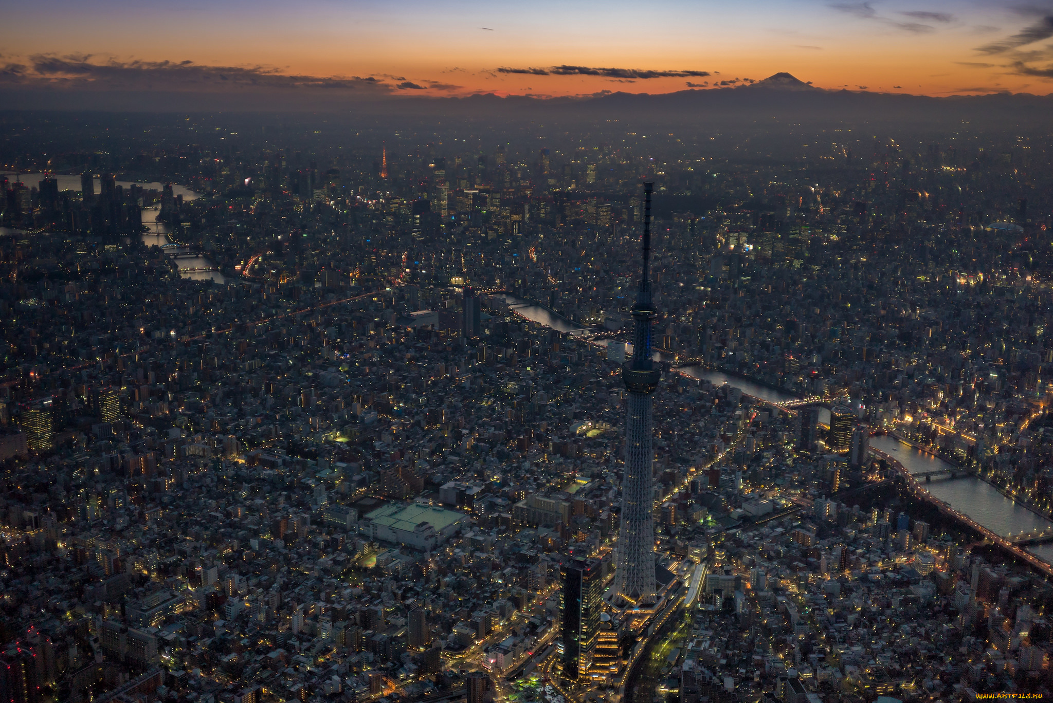 города, токио, , Япония, tokyo, tower, and, mount, sumida, river, skytree, ночь, город