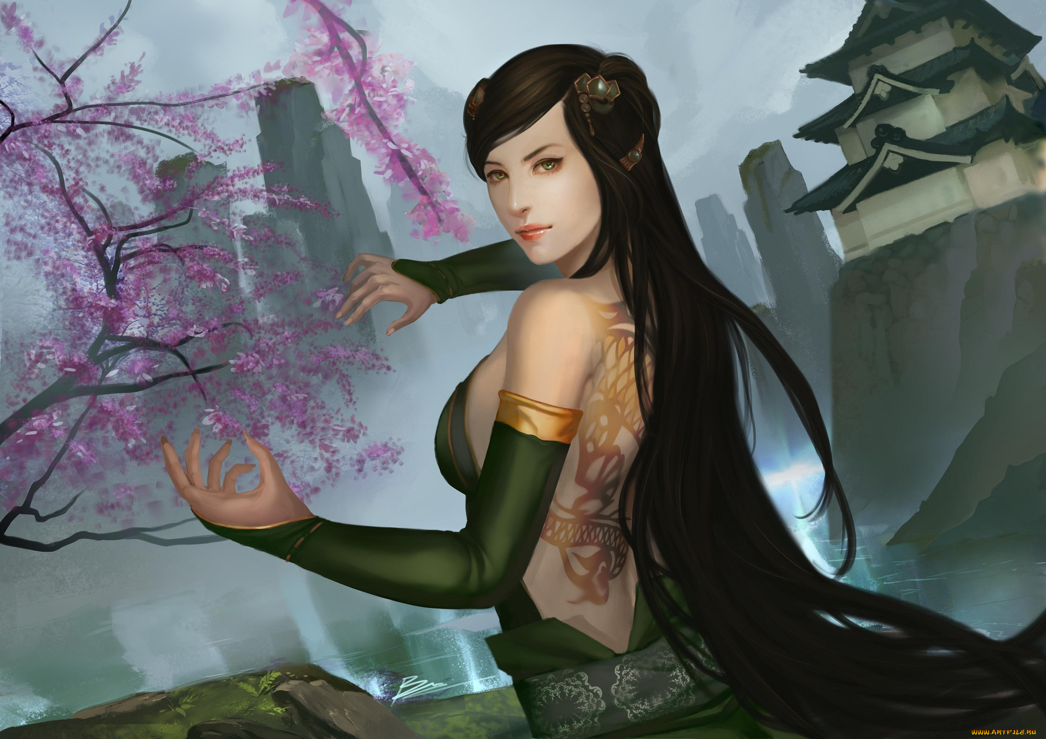 фэнтези, девушки, дерево, ветер, волосы, дом, арт, япония, девушка