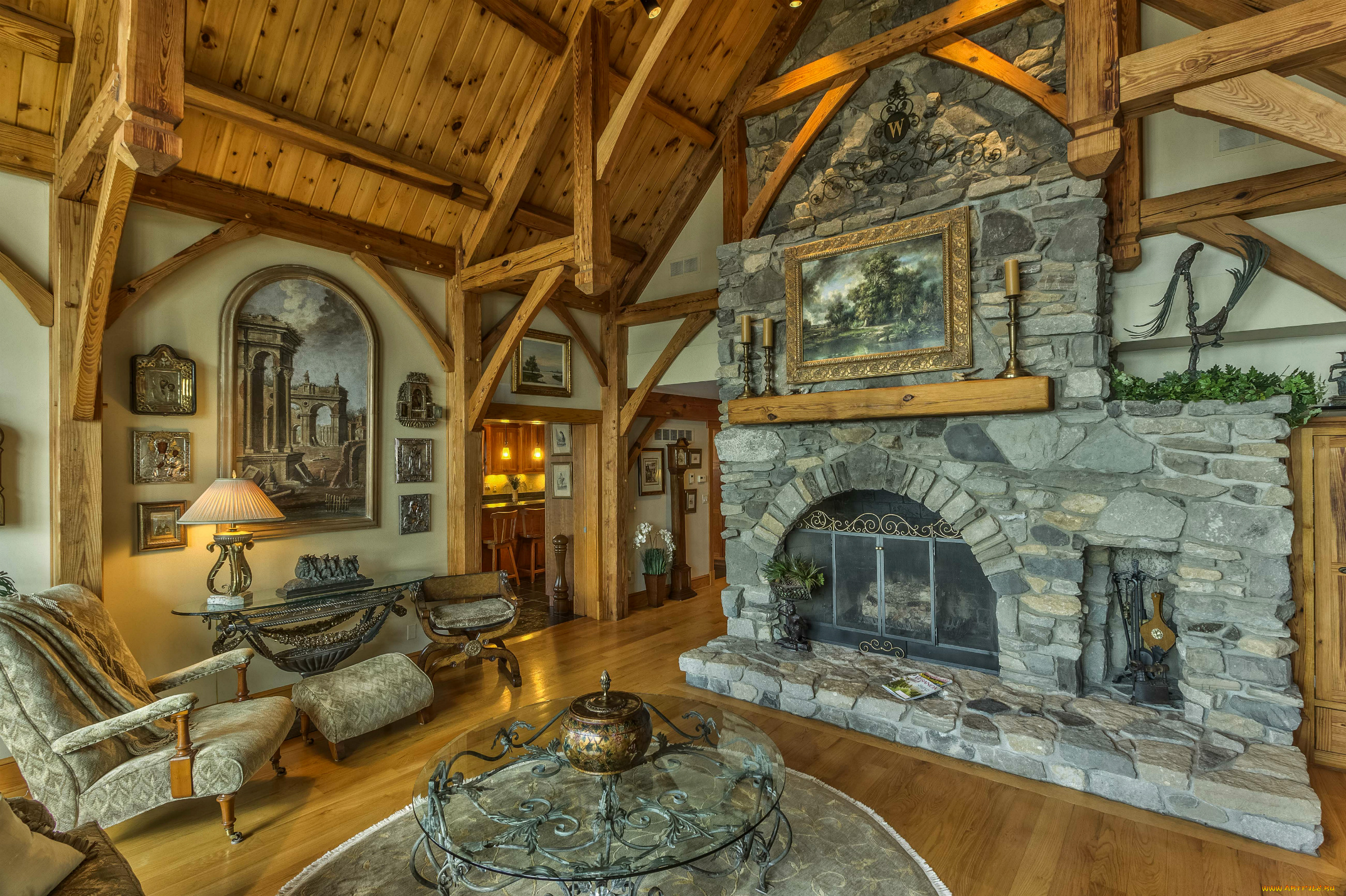 интерьер, гостиная, дизайн, лампа, столик, кресло, картина, камень, камин