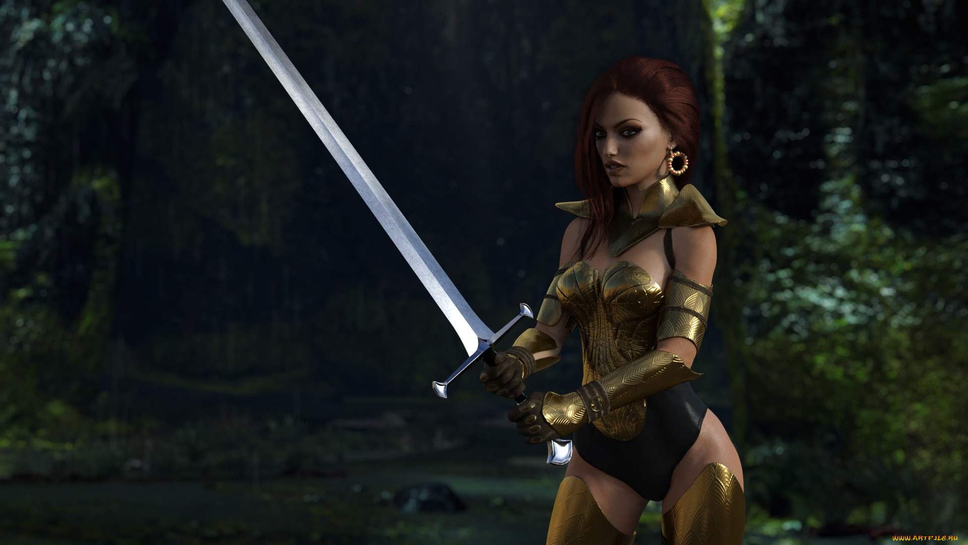 3д, графика, фантазия, , fantasy, девушка, взгляд, фон, оружие