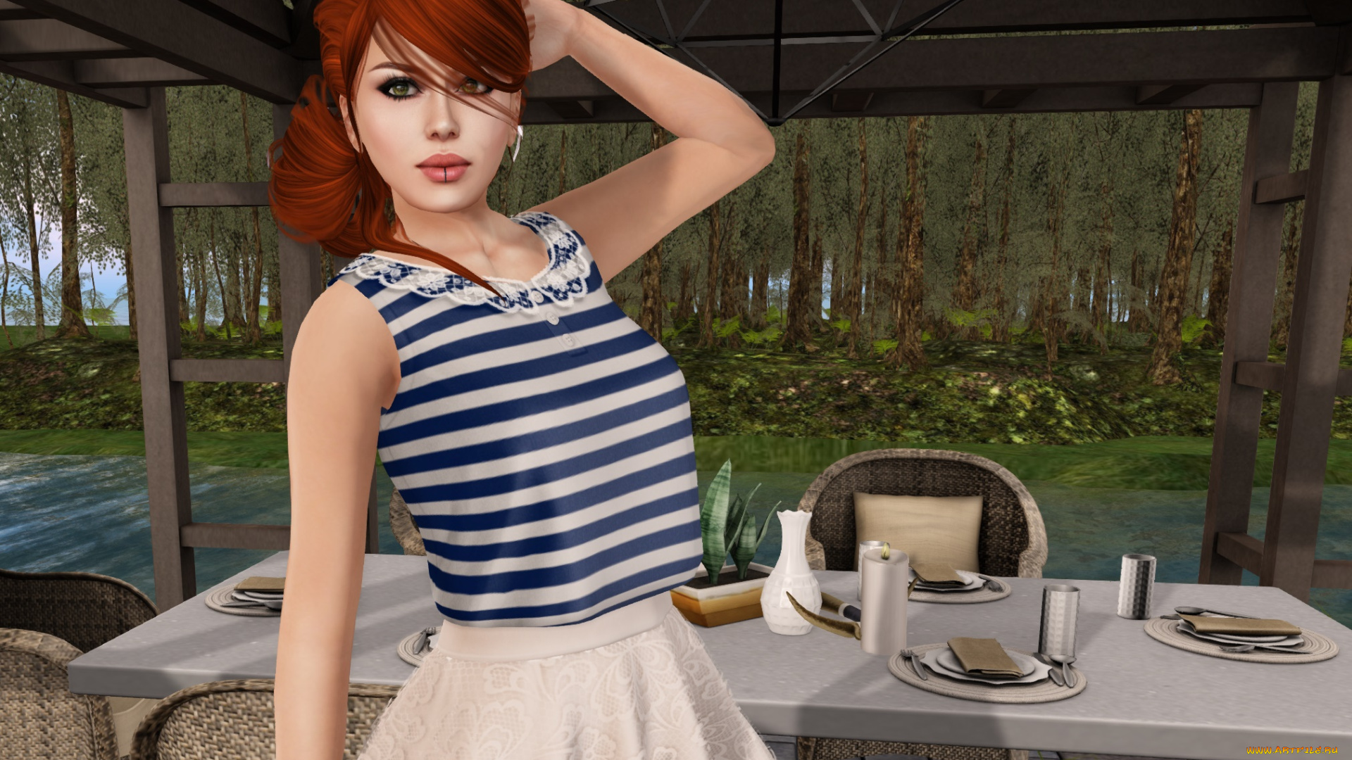 3д, графика, люди, , people, девушка, рыжая, фон, взгляд