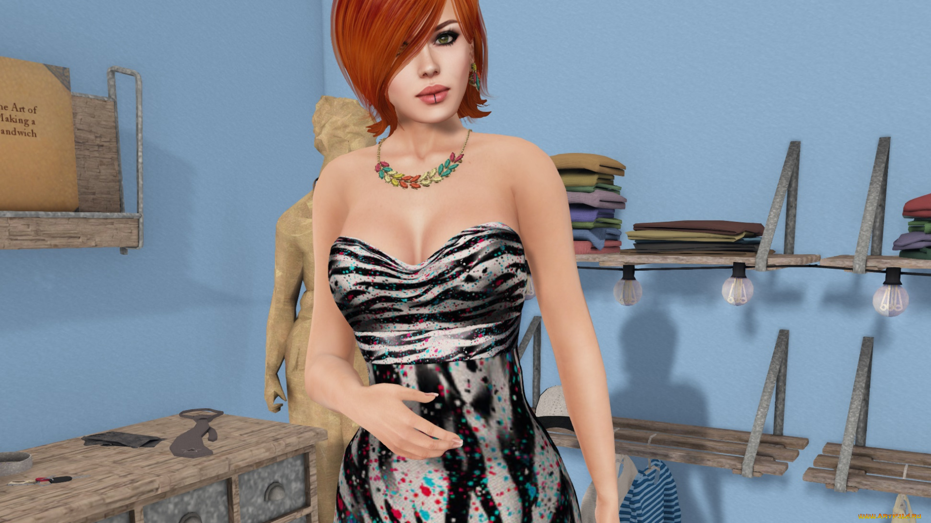 3д, графика, люди, , people, девушка, взгляд, фон, рыжая, интерьер