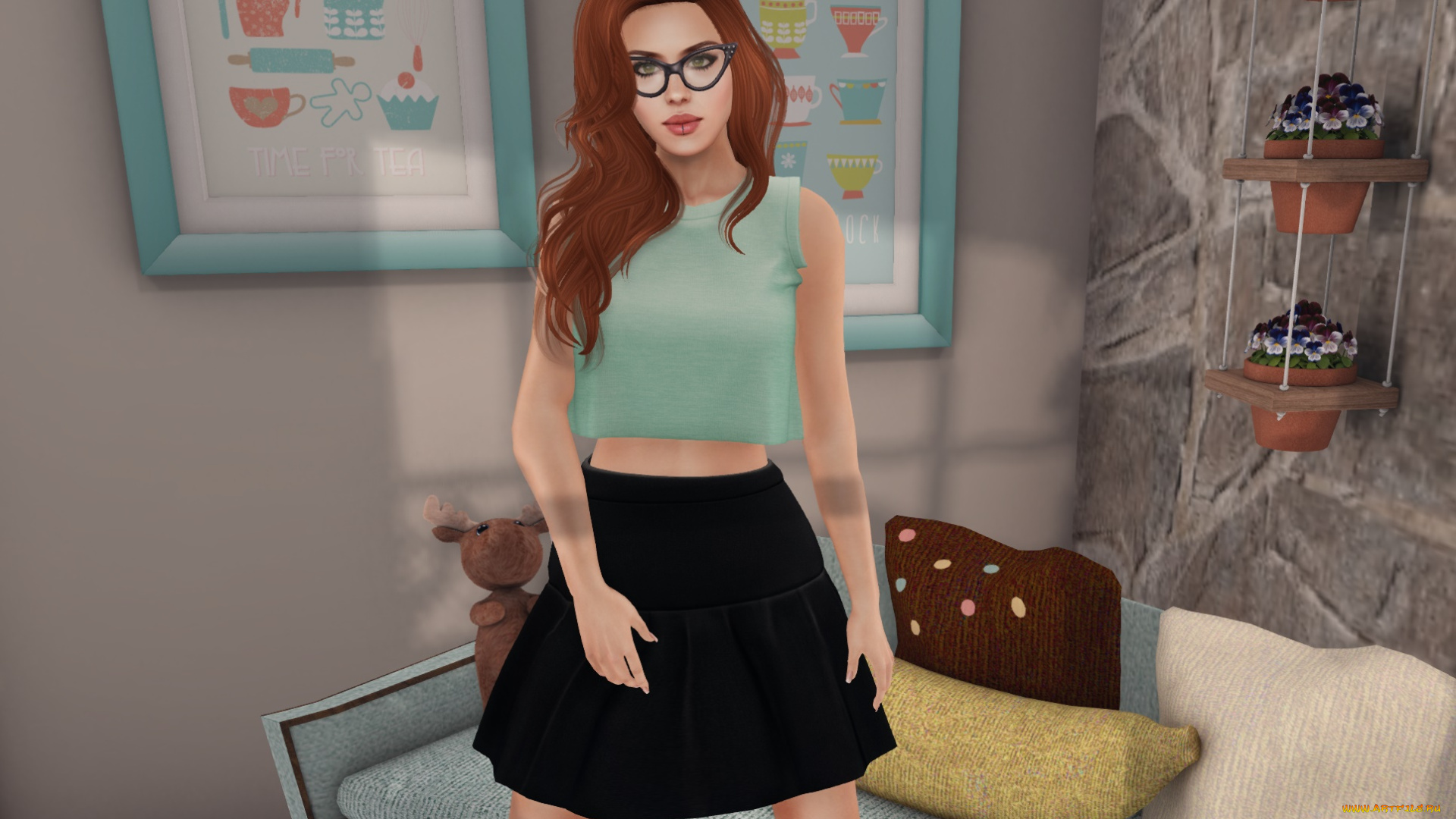 3д, графика, люди, , people, девушка, взгляд, фон, рыжая, интерьер