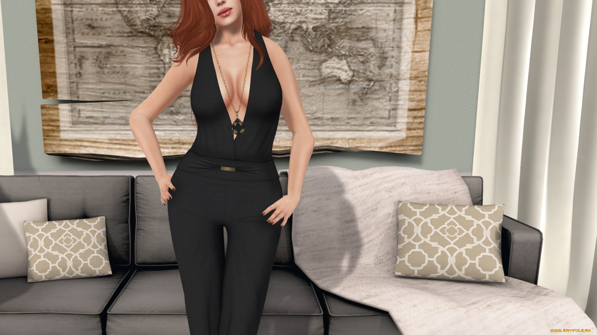 3д, графика, люди, , people, девушка, взгляд, фон, рыжая, интерьер