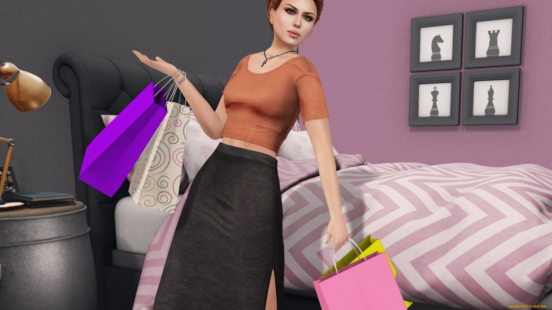 3д, графика, люди, , people, сумки, интерьер, фон, взгляд, девушка