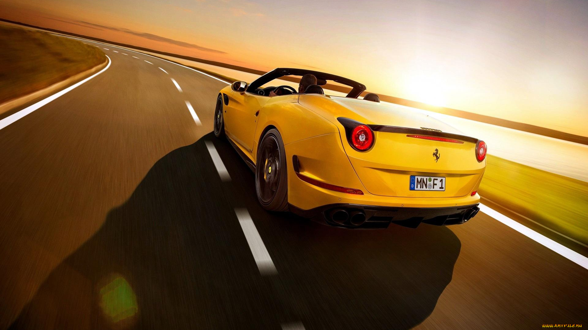 автомобили, ferrari, скорость, рассвет, желтый, трасса, феррари, шоссе, дорога, california