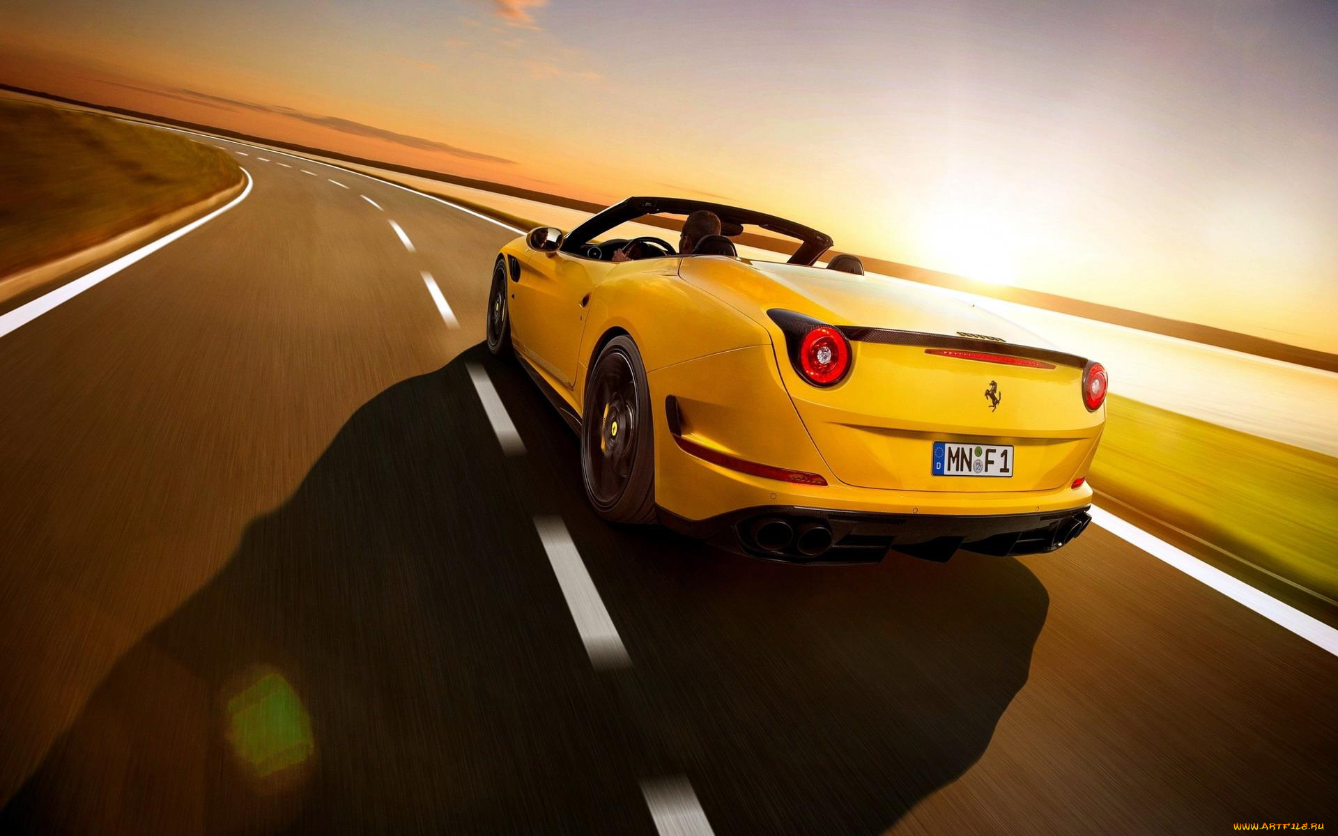 автомобили, ferrari, скорость, рассвет, желтый, трасса, феррари, шоссе, дорога, california