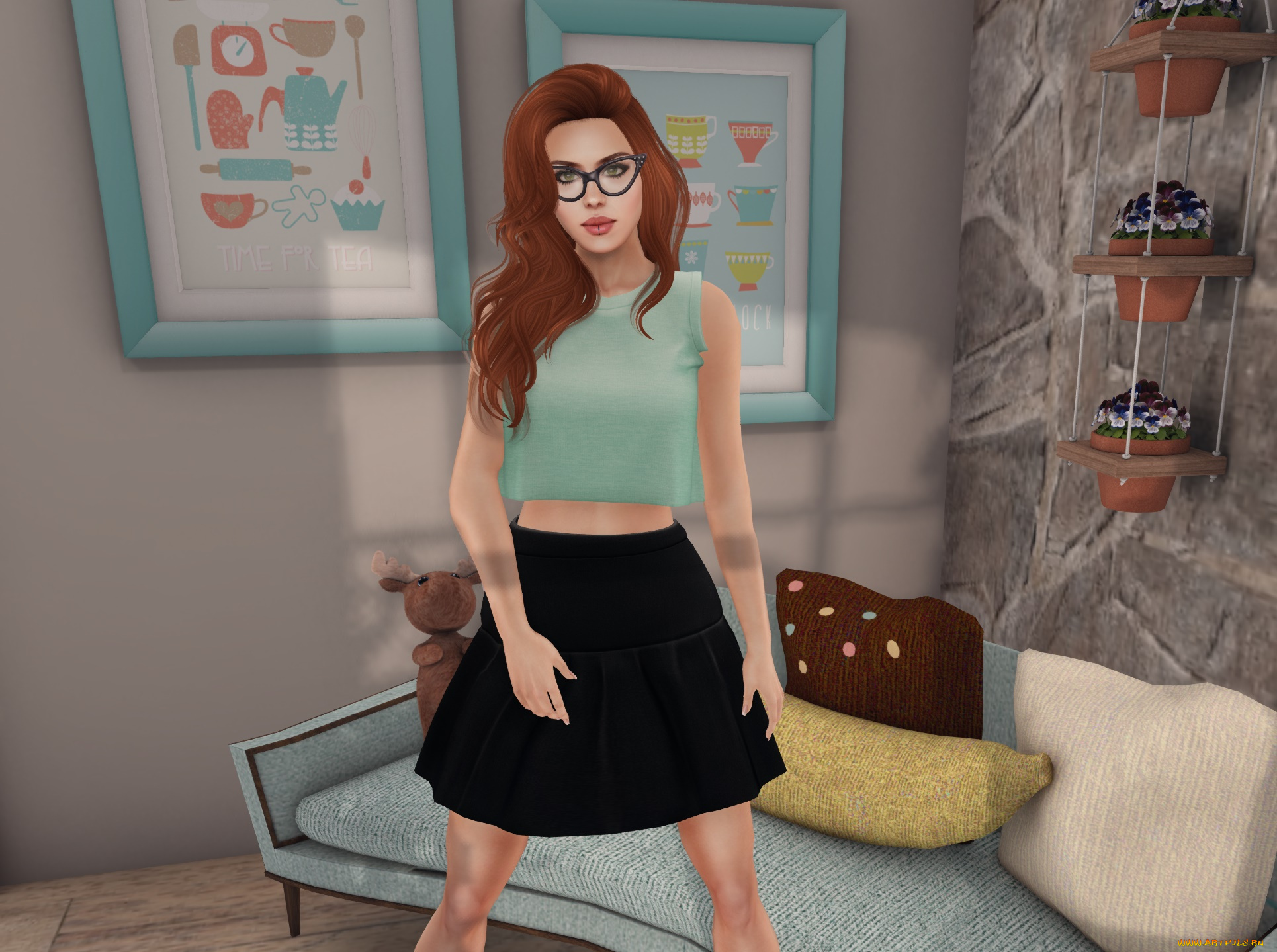 3д, графика, люди, , people, девушка, взгляд, фон, рыжая, интерьер