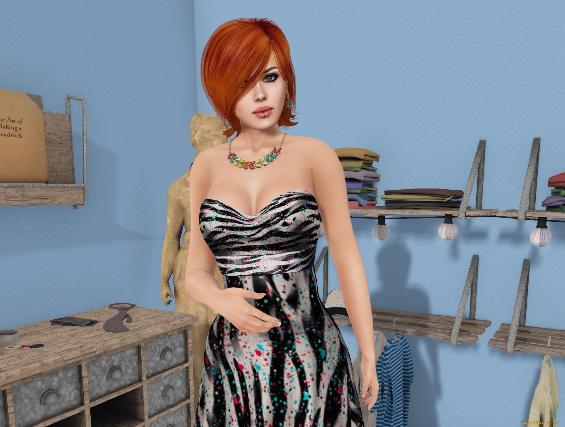 3д, графика, люди, , people, девушка, взгляд, фон, рыжая, интерьер