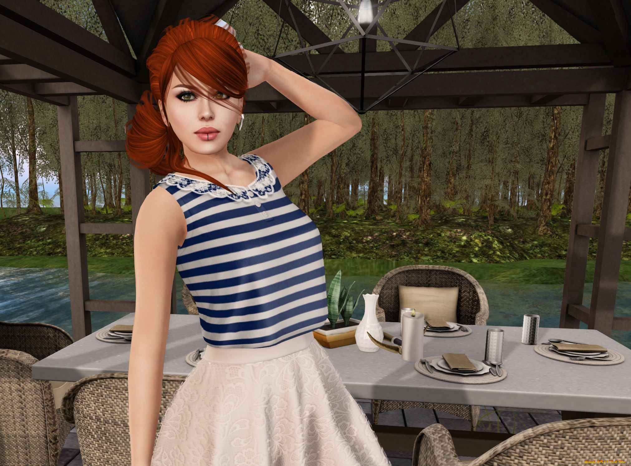 3д, графика, люди, , people, девушка, рыжая, фон, взгляд