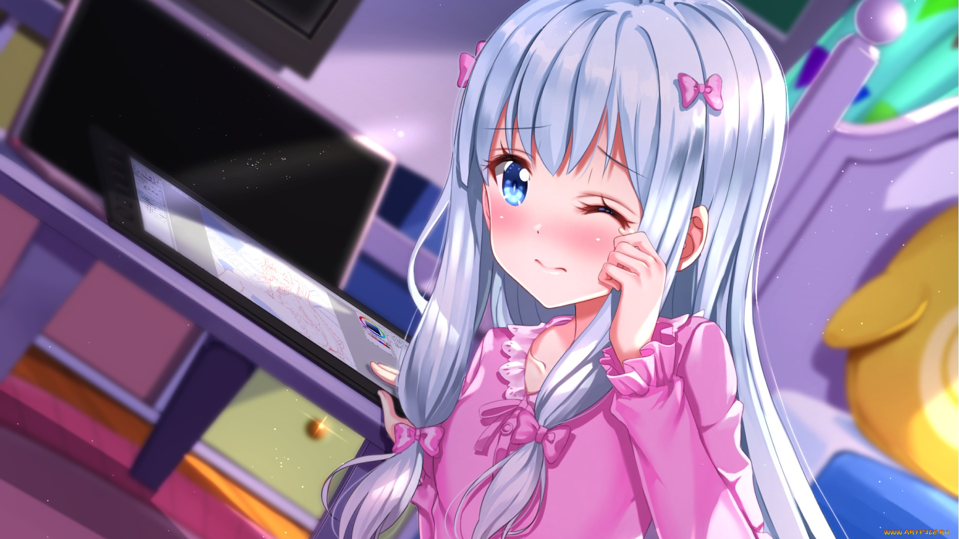 аниме, eromanga-sensei, девушка, взгляд, фон