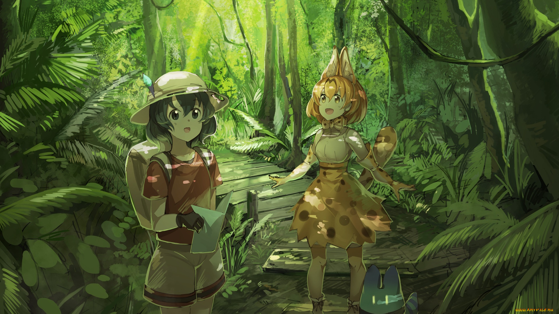 аниме, kemono, friends, взгляд, девушки, фон