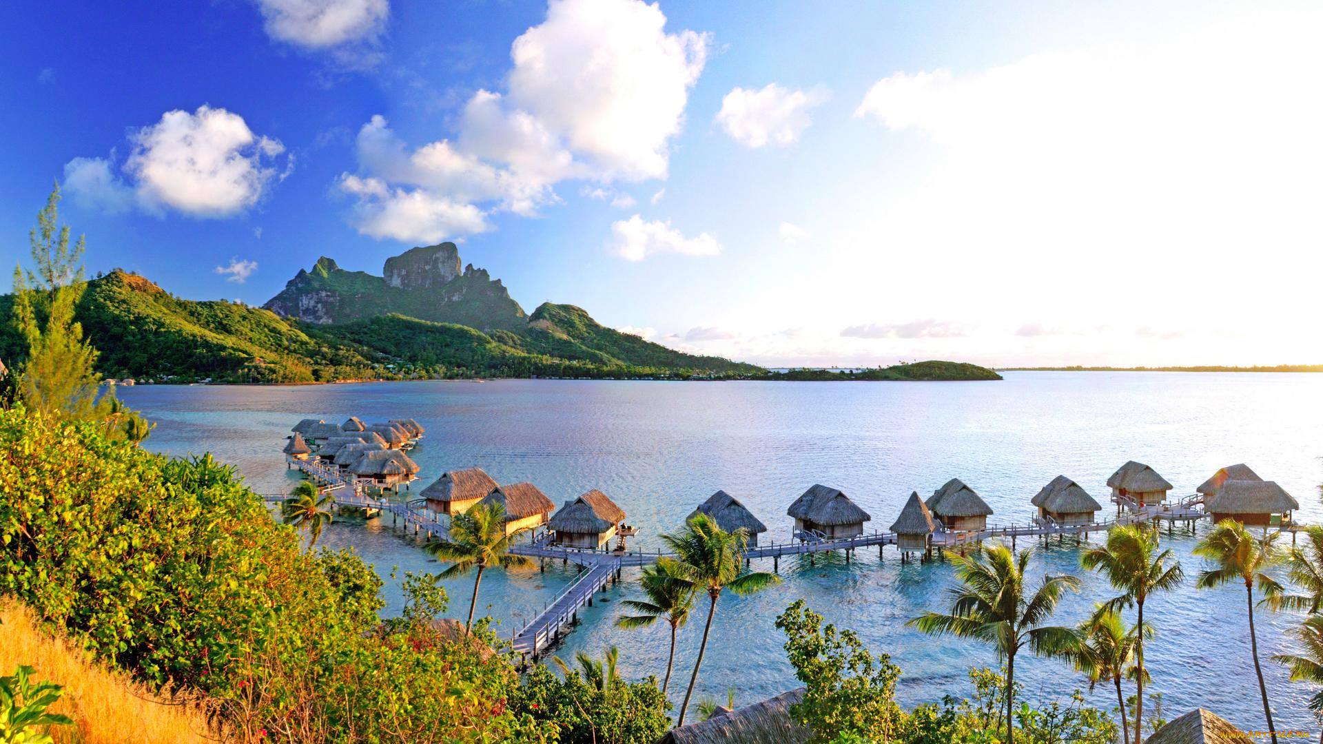 природа, тропики, море, остров, бунгало, бора-бора