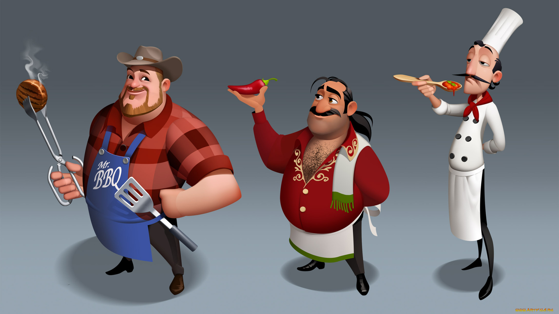 рисованное, люди, взгляд, фон, перец, повар, мужчины, котлета