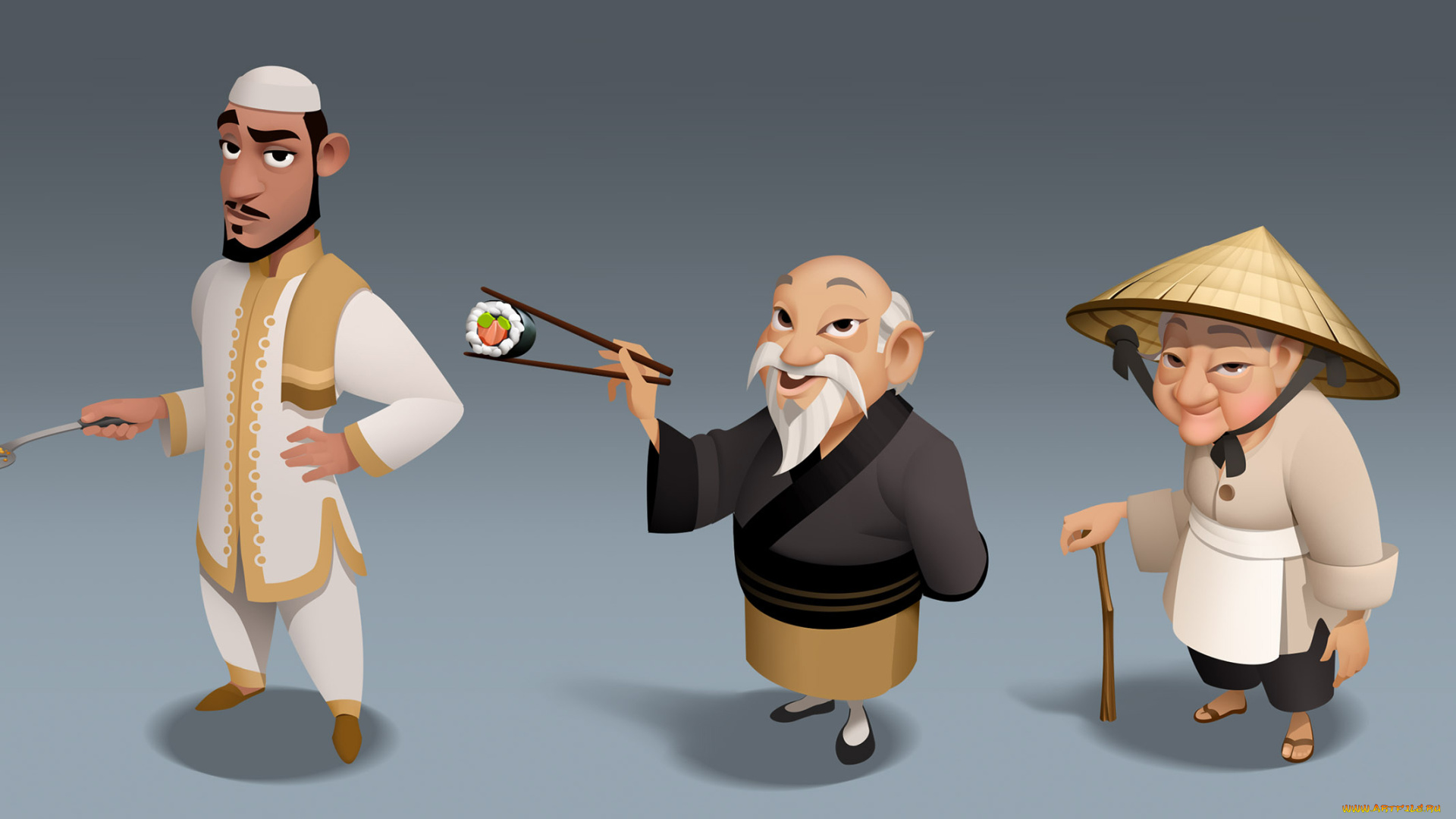 рисованное, люди, взгляд, мужчины, фон, суши, плов, улыбка