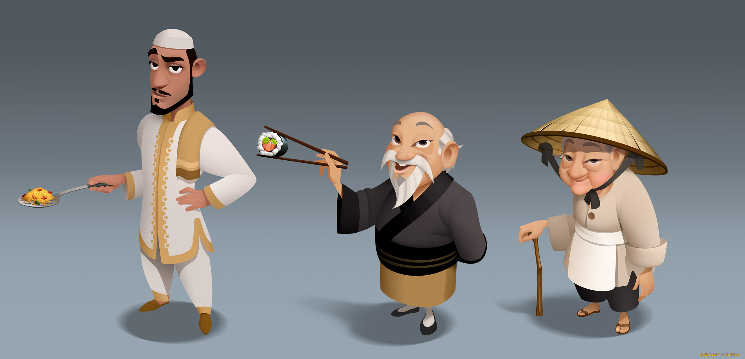 рисованное, люди, взгляд, мужчины, фон, суши, плов, улыбка