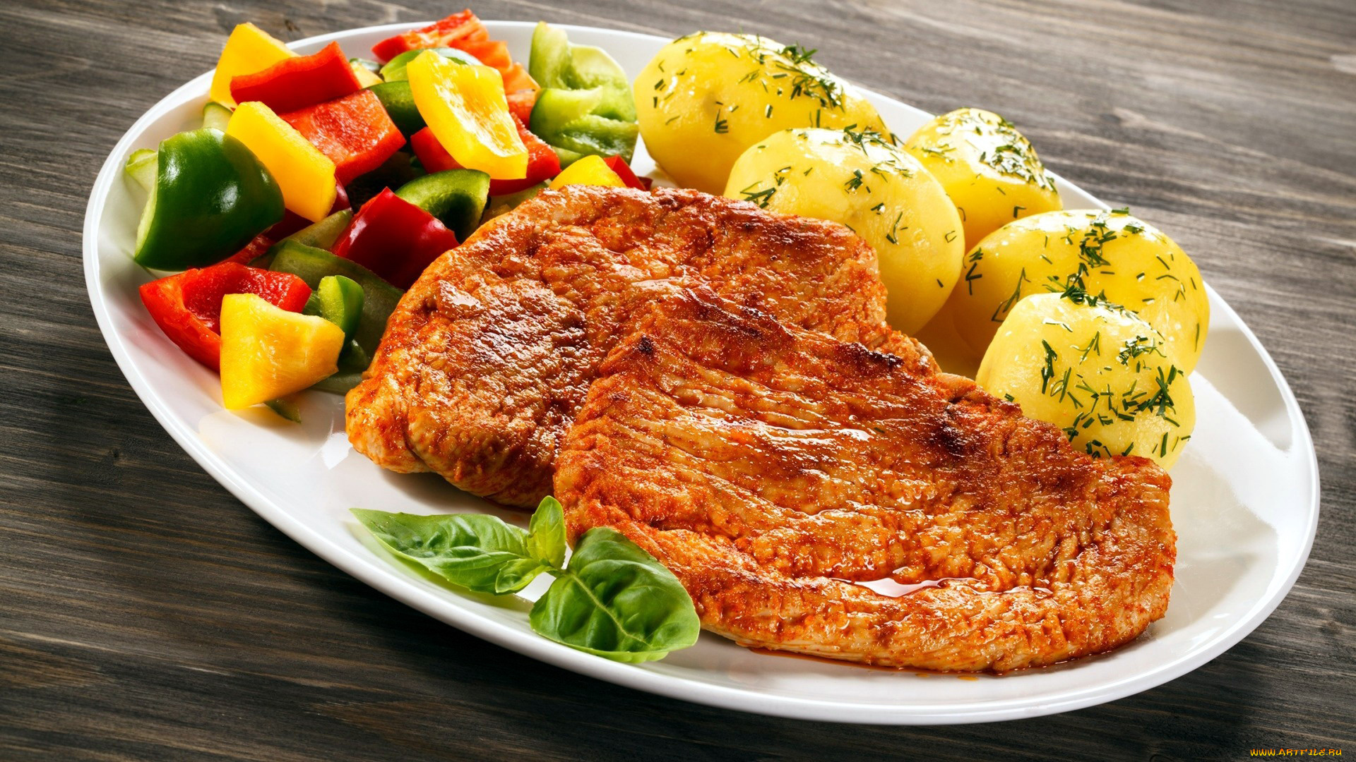 еда, мясные, блюда, отбивная, перец, картошка, картофель