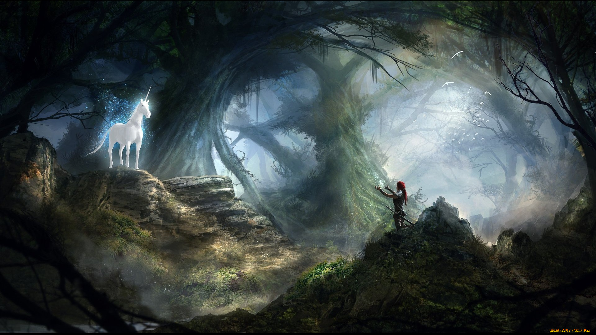 фэнтези, единороги, женщина, камни, unicorn, встреча, зов, лес, единорог